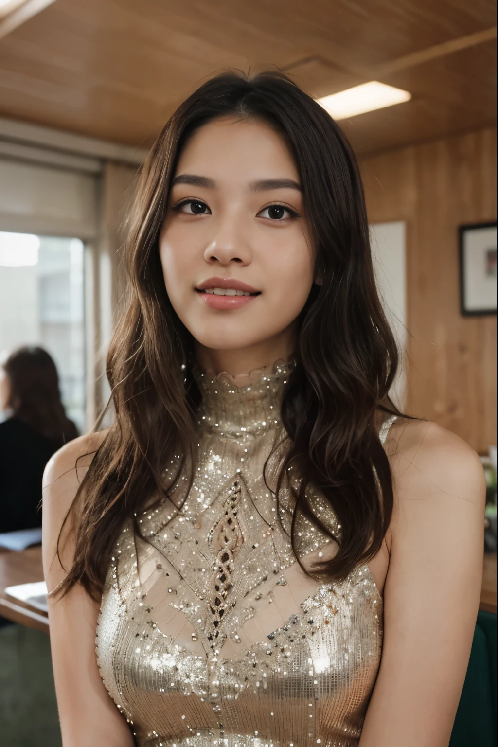 top-quality:1.3, masterpiece, hight resolution,［1 girl in], {solo}, Raw photo, Real person, high contrast, (Imada Mio:0.9), (Jisoo:0.5), Photos of young Japanese women named Haruka Xuan Anh, 30 years old, Pose in the room, tedium, mascara, ,(Textured skin, Skin pores:1.1), (Mole:0.8), (Imperfect skin:1.1) intricate detailes, goose bumps, face perfect, (hitornfreckles:0.9), ((Photorealsitic):1.1), (Unripe, 8K:1.2), murky, Subdued Color,、Detailed skin, ((long brown soft waves hair: 1.0)), faint thin bangs, brown hair, hair light, with hair clip,   (Sequin Lace High Mock Neck Sheath Dress Deep Emerald:1.2), double eyelids, standing in front of the table, working office background, brown eyes, attractive lips, stunningly beautiful, stunningly gorgeous, ((slim body)), Beautiful , Pale skin , Soft redish skin, Perfect round lips, big smile, open mouth, cheerful, confident, 