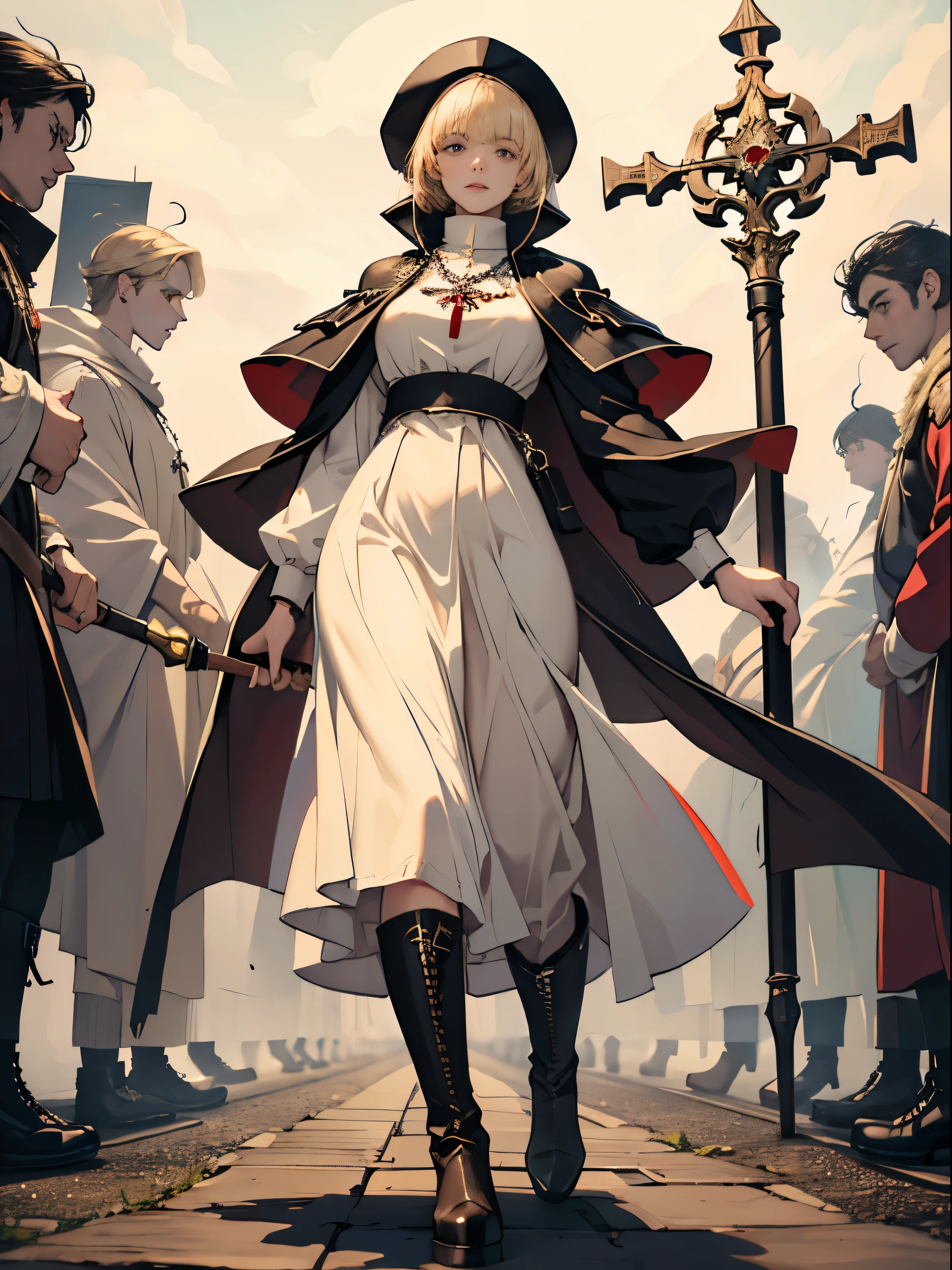 Anime - style image of a woman in a white dress and a black cape ...