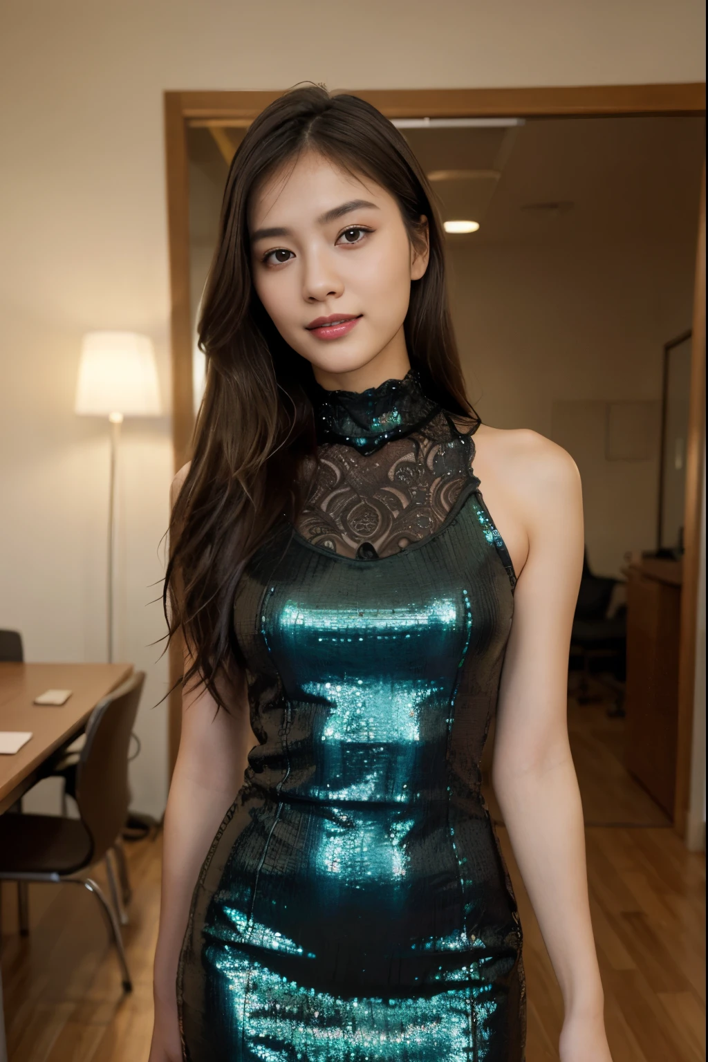 top-quality:1.3, masterpiece, hight resolution,［1 girl in], {solo}, Raw photo, Real person, high contrast, (Imada Mio:0.9), (Jisoo:0.5), Photos of young Japanese women named Haruka Xuan Anh, 30 years old, Pose in the room, tedium, mascara, ,(Textured skin, Skin pores:1.1), (Mole:0.8), (Imperfect skin:1.1) intricate detailes, goose bumps, face perfect, (hitornfreckles:0.9), ((Photorealsitic):1.1), (Unripe, 8K:1.2), murky, Subdued Color,、Detailed skin, ((long brown soft waves hair: 1.0)), faint thin bangs, brown hair, hair light, with hair clip,   (Sequin Lace High Mock Neck Sheath Dress Deep Emerald:1.2), double eyelids, standing in front of the table, working office background, brown eyes, attractive lips, stunningly beautiful, stunningly gorgeous, ((slim body)), Beautiful , Pale skin , Soft redish skin, Perfect round lips, big smile, open mouth, cheerful, confident, 