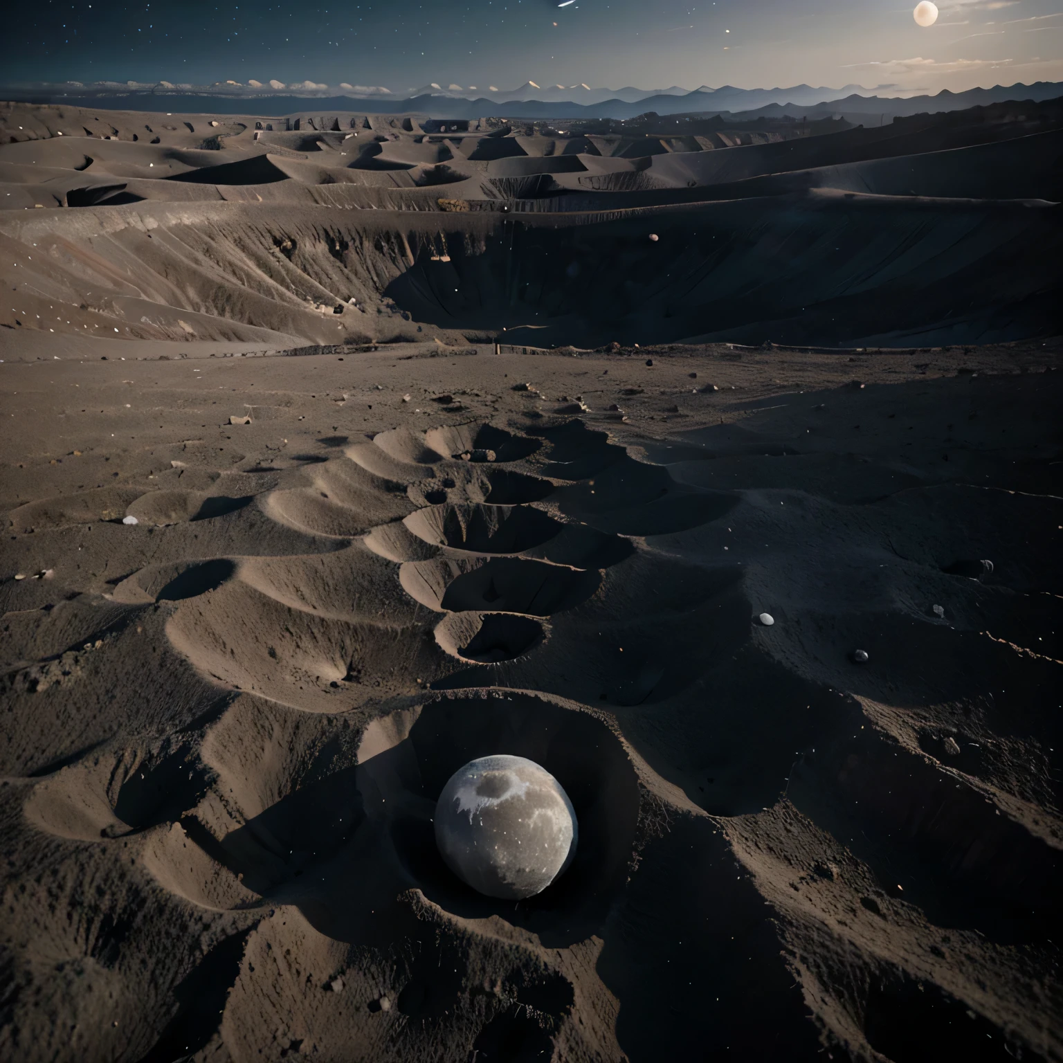 moon坑,moon,8k masterpiece,(soft light),crater,Gray-white soil,actual,Surreal,The background is a black cosmic background