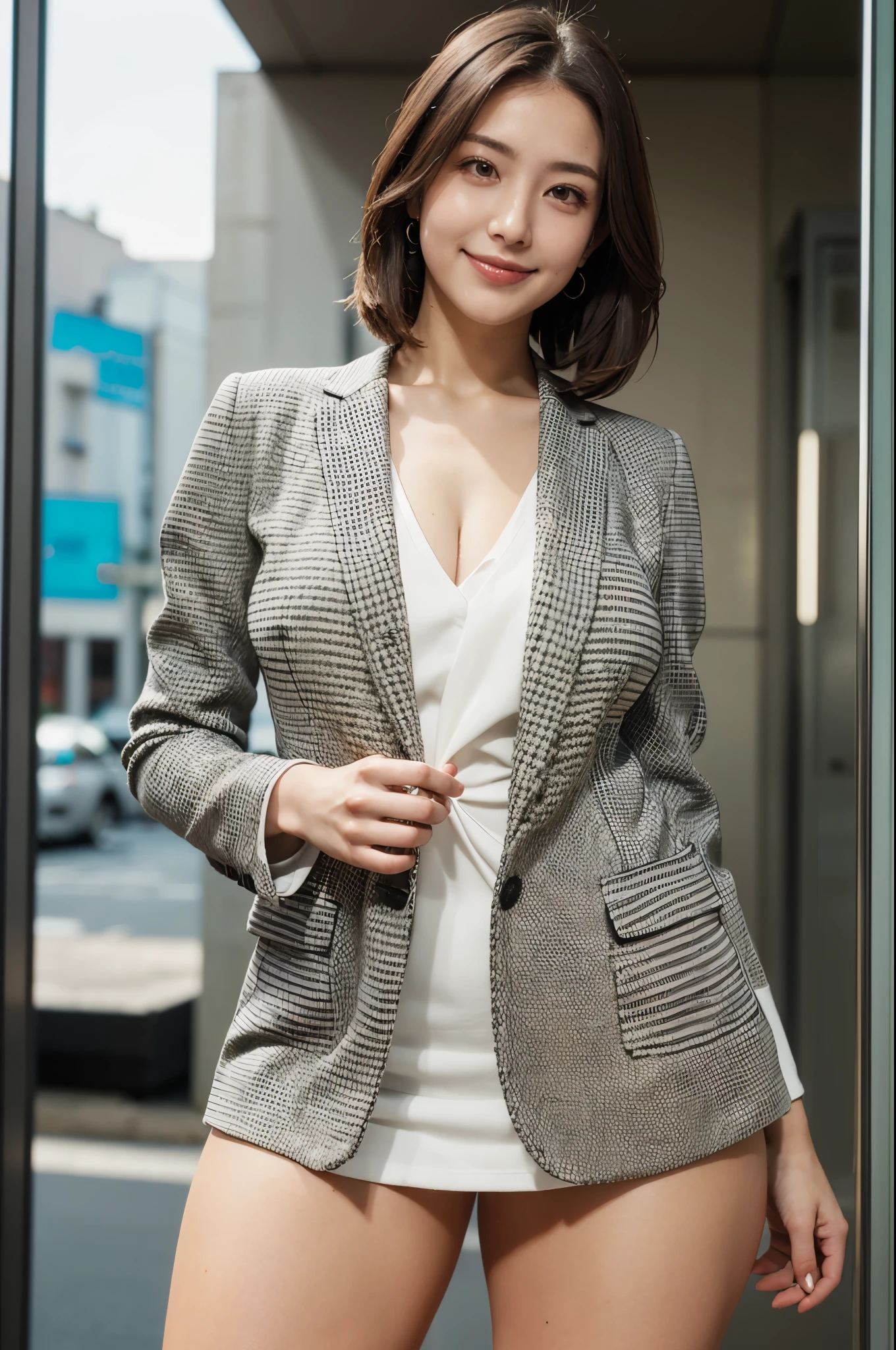 high quality,8K,high resolution,woman,1 personality,realistic texture,(smile),(company),(tight blazer dress),(),(),(smile),(),(),,