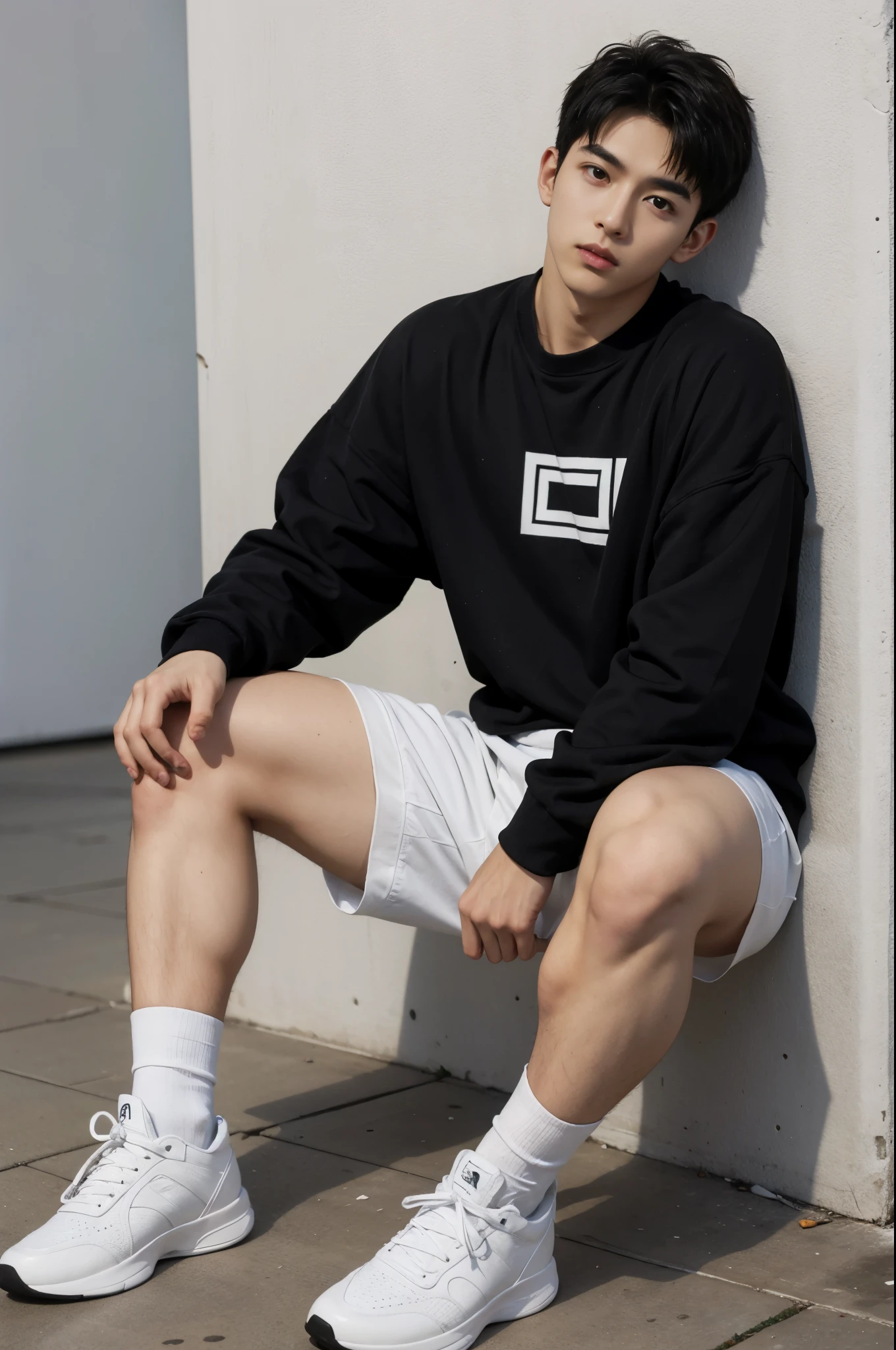 1 young person,Handsome,muscular,hairy body,sports shoes,white socks,White sports shorts(delicate eyes:1.3),black eyes,Full body female love,