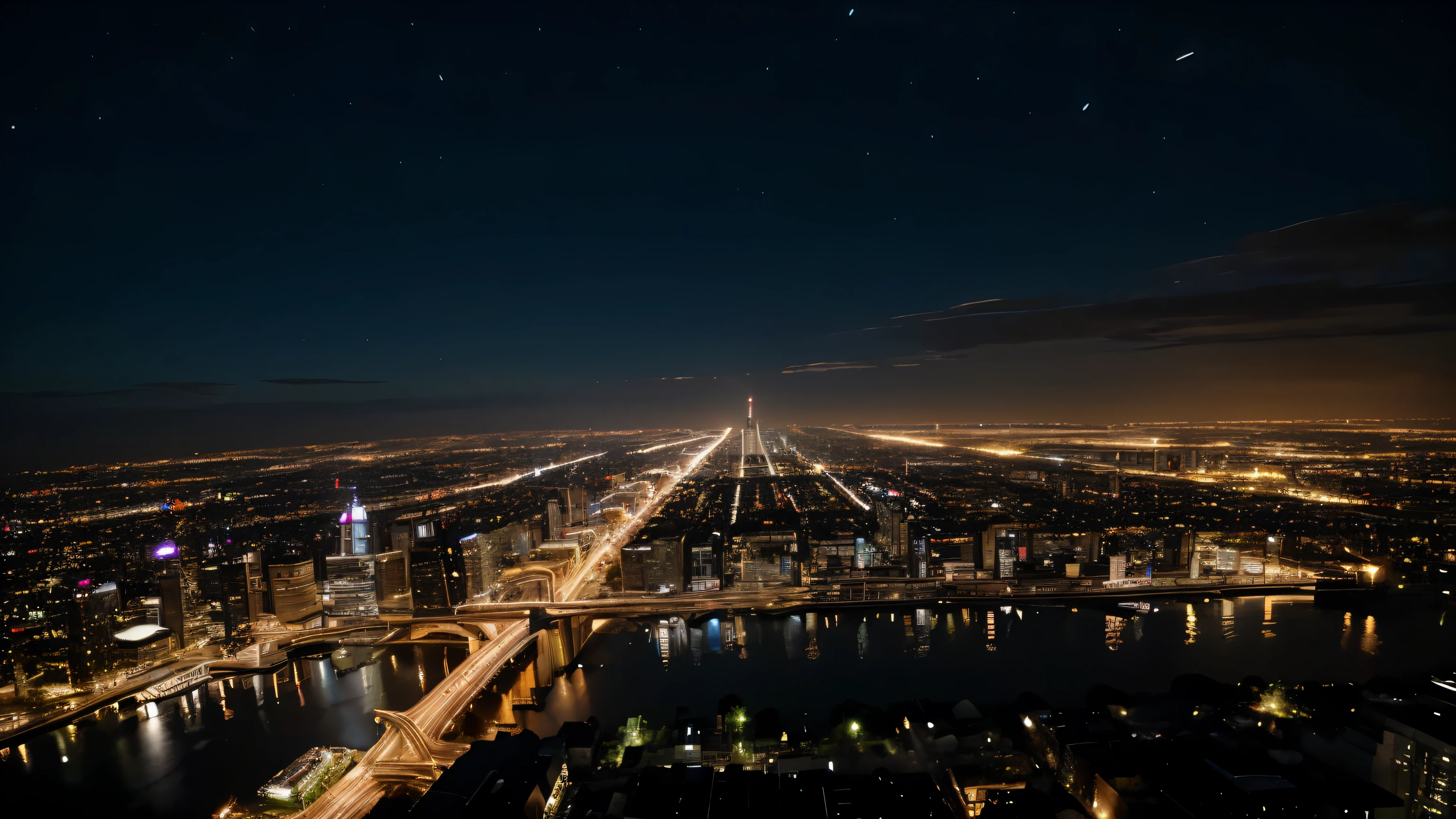The glittering cityscape from above: Aerial view of the city at night, There was a shimmering light that stretched all the way to the horizon..