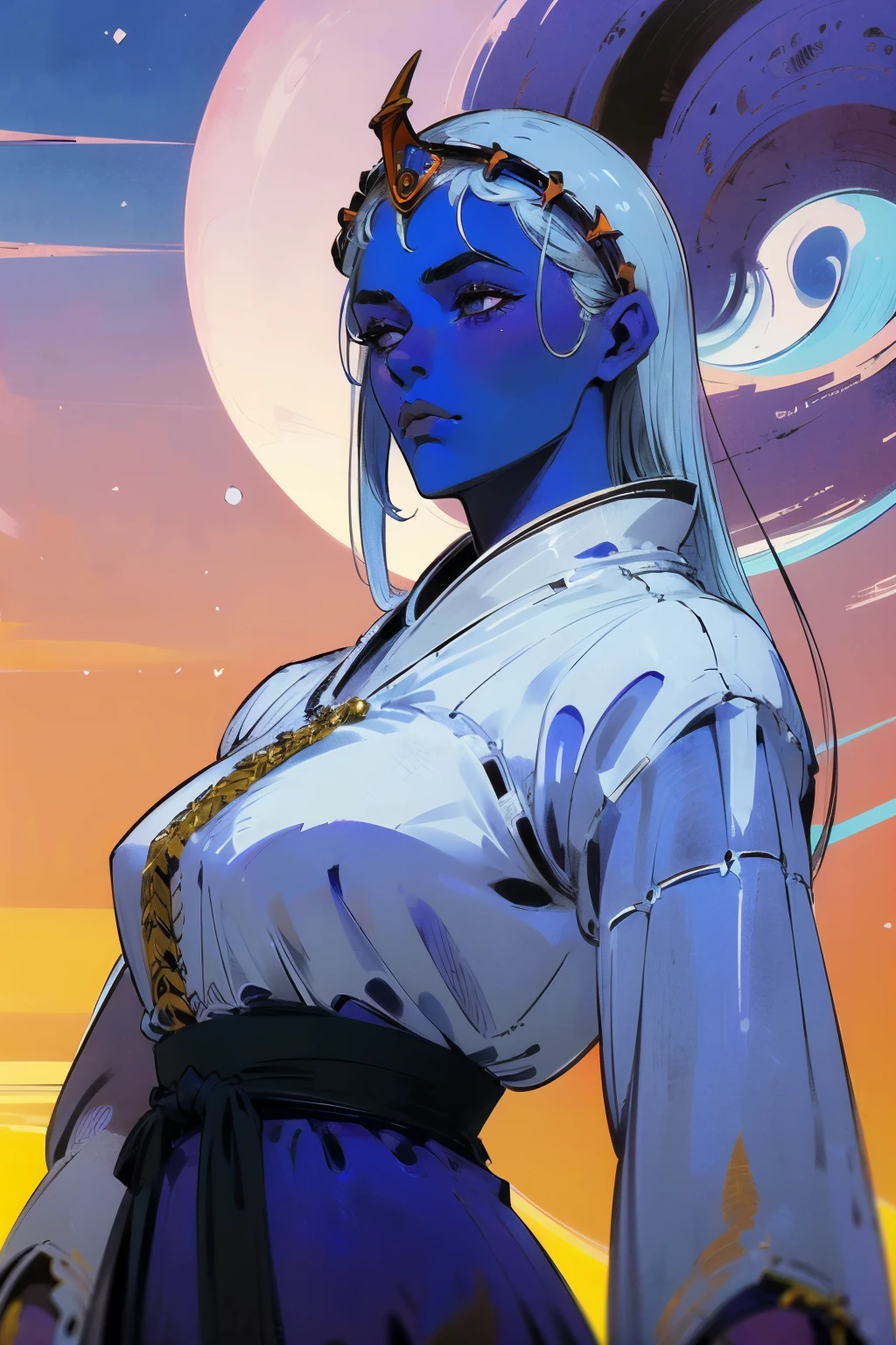 masterpiece:1.2, best quality, ultra detailed, absurdres, (cowboy_shot), (1female blue_skin), white_hair, wearing royal headpiece, long hair, mature, 1woman,female_focused, (queen attire), divine pose, elegant attire and purple robes, in the style of Kentaro Miura, SCI-FI, fantasy,