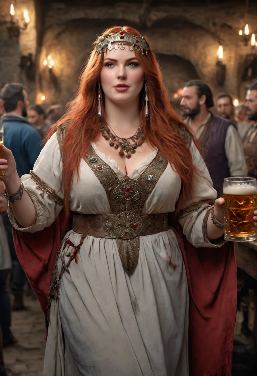 (((photograph))), (((hyperrealism))), award-winning photo, a full body standing red head goddess, long hair elegant beautiful bbw woman, (masterpiece) (best quality) (detailed) (8k) (HDR) (wallpaper) (cinematic lighting) (sharp focus) (intricate), action shot, medieval tavern packed with people, barbarians talking loudly and drinking beer in goblets