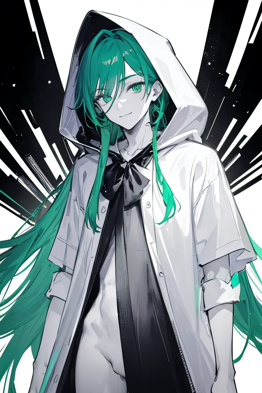 (highest quality, masterpiece), Glitch Screen Filter, (1 male
, beautiful boy,alone, hood, fortune teller,narrow eyes,expression, Are standing, looking at the viewer, cap, emerald green eyes, long straight hair, smile,Completely naked ,), (monochrome, white background),