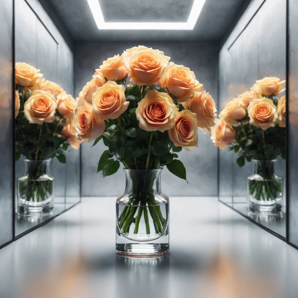 Reflective Art .Inside the cube with mirrored walls there is a vase with Five roses. Flowers are reflected in all the mirrors. The focus of the shooting is on reflections. octane rendering. High Resolution, High Quality, Masterpiece