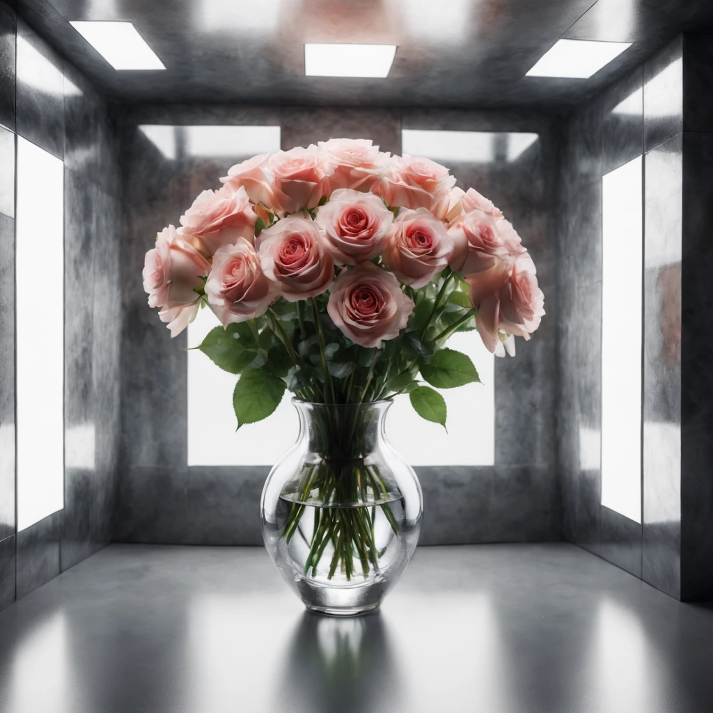 Reflective Art .Inside the cube with mirrored walls there is a vase with Five roses. Flowers are reflected in all the mirrors. The focus of the shooting is on reflections. octane rendering. High Resolution, High Quality, Masterpiece