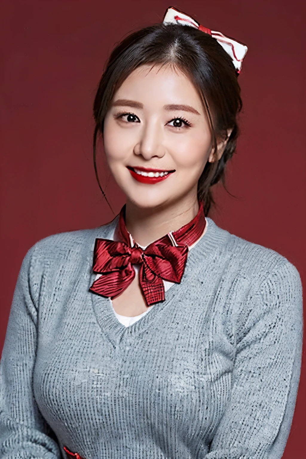 ((top quality、8k、masterpiece:1.3))、sharp focus, High level of image quality, high resolution,,Gray sweater dress,red bow tie,black jeans,hair tied up,indoor background,30 year old female,Mature,charming smile,Chubby face,Draw lips correctly, red lipstick,stand,Slightly fat,medium chest,full-body shot