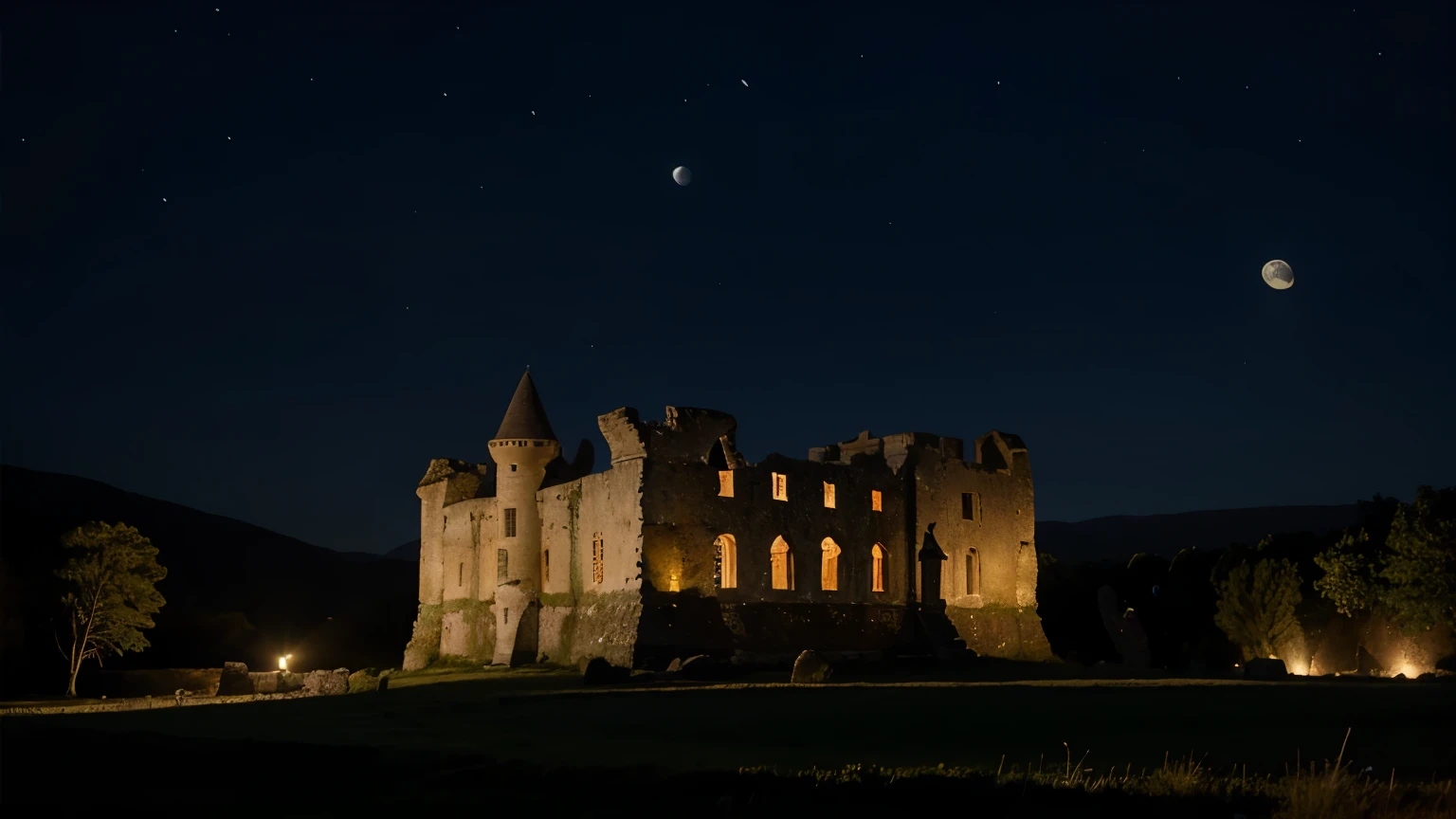 Castle Ruins Under the Moonlight: Ancient castle ruins bathed in moonlight, shrouded in mystery and history.