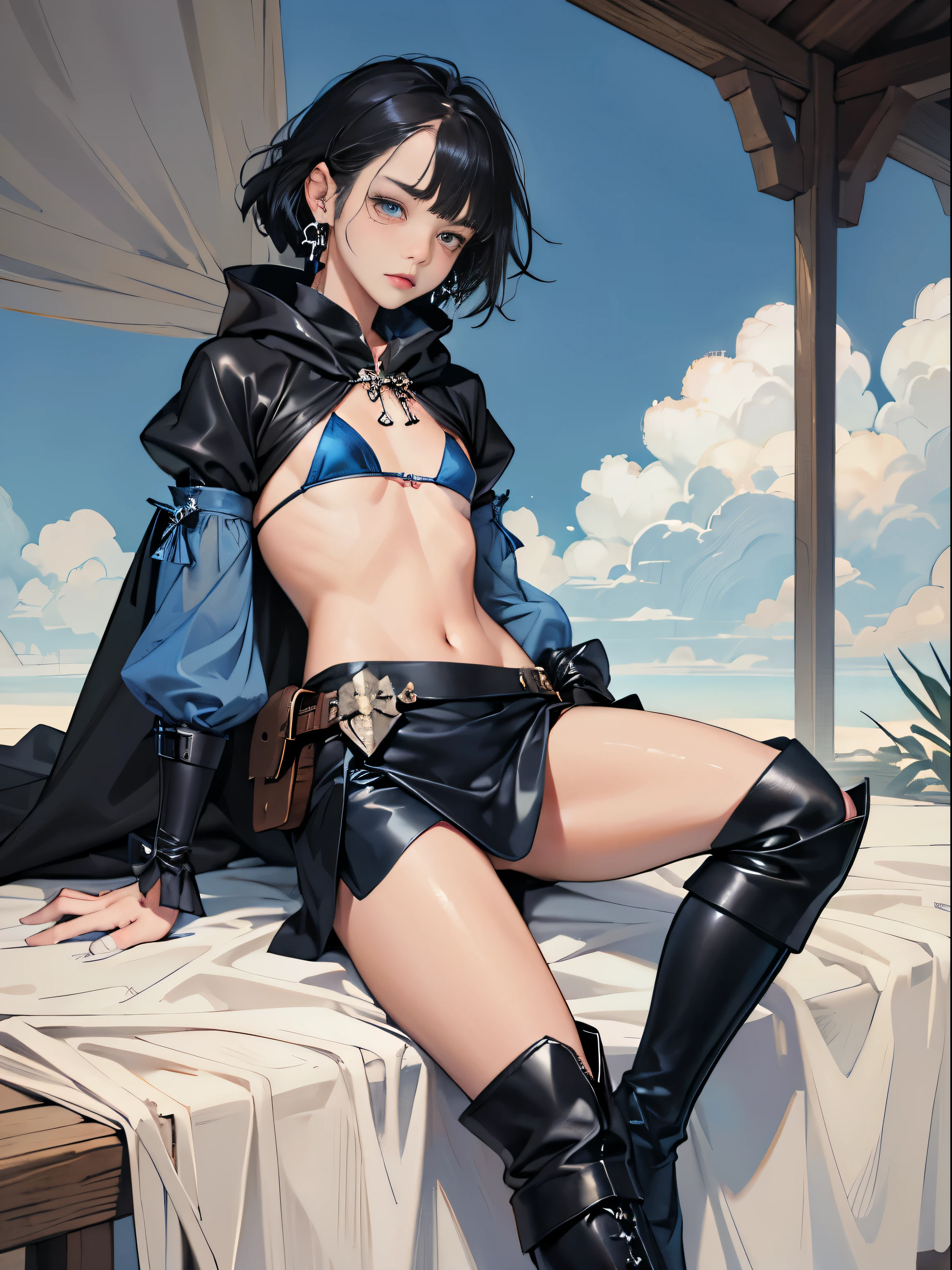 (((((middle-aged women))))), masterpiece, super detailed, 8K portrait, RAW photo, portrait photography, highly detailed face, ((fantasy)), 1 female, (((short woman))), (((magician))), (((((nervous look))))), (((static pose))), 33 years old, (((((Exhibitionist Woman))))), (((Black little eyes))), (((black straight hair))), (((Eyes are hidden by bangs))), Larger earrings, (((white skin color))), (((((cloudy blue puffy sleeve bikini))))), (((micro skirt))', (((black silk cloak))), (((little waist hip pouch))), (((dark pantyhose))), (((leather boots))))), (((Equip a long wooden stick))), midday sun, surreal, ((((flat chest)))), (((((small breasts))))), (((thick thighs))), long legs, In the medieval adventurer's guild, environmental lighting, shadow details , Focus the camera on the thigh, strong wind, light fog