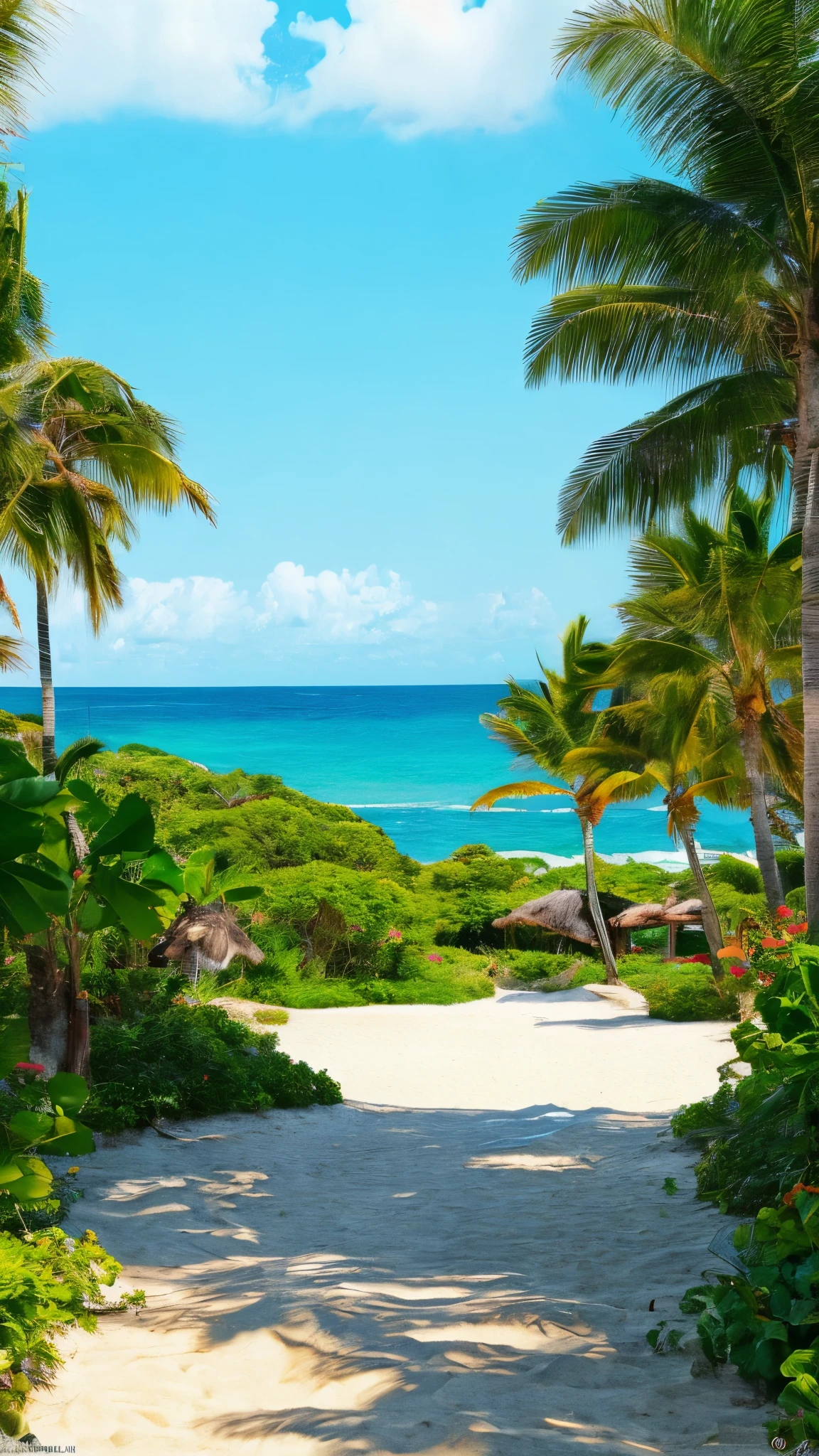painting of a tropical beach with palm trees and a path, a digital painting by Kamagurka, pixiv, conceptual art, painted in anime painter studio, beautiful anime scenery, beach landscape, anime background art, detailed scenery —width 672, tropical beach paradise, anime scenery, tropical beach, anime landscape, anime landscape wallpaper, anime background