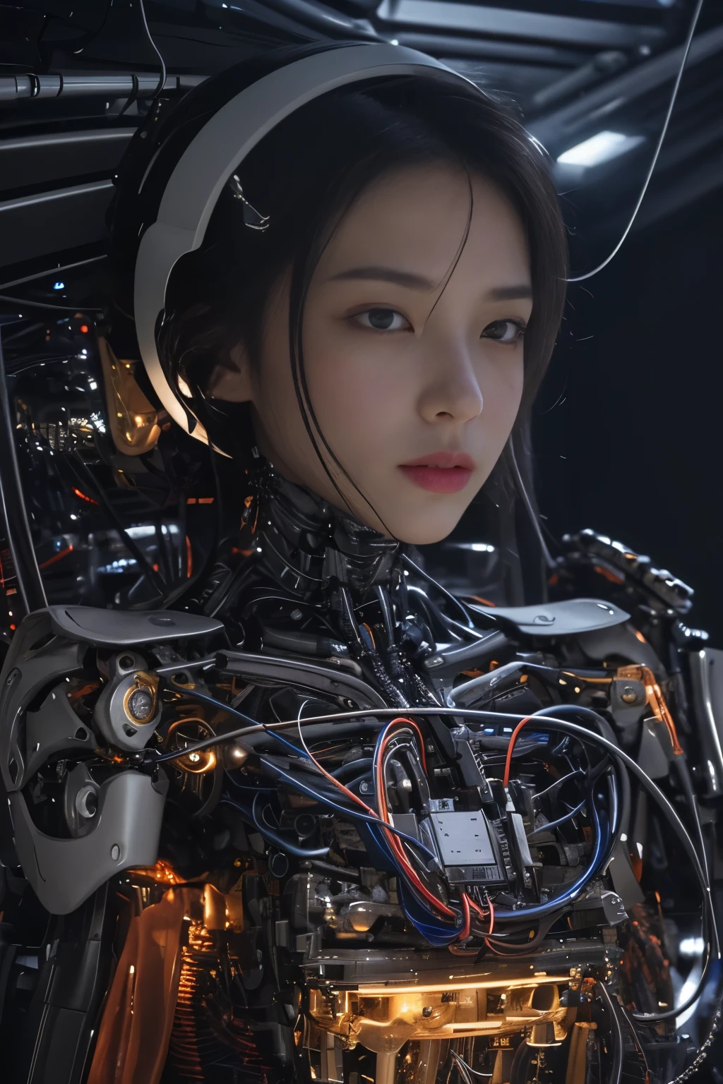 NSFW(((masutepiece))), (((Best Quality))), ((Ultra-detailed)), (extremely detailed photo), ((extremely delicate and beautiful)),(Cute delicate face),Cinematic Light,((one Mechanical Girl and expressionless:2)),Solo,Full body,(Machine-made jointachanical limbs)),((Sitting)),deadpan,(Many wires and cables to attach to the head and body:1.5),(Character Focus),Science fiction,(beautiful face and eye, double eyelid,delicate skin,slender body shape)