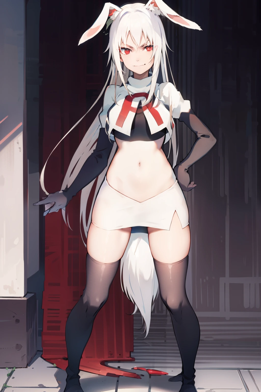 best quality, masterpiece, detailed, fantasy,
tyuule,
closed mouth, smirk,
white hair, very long hair, rabbit ears, red eyes, rabbit tail,
navel, team rocket,team rocket uniform, red letter R, white skirt,white crop top,black thigh-highs,black elbow gloves
looking at the viewer,