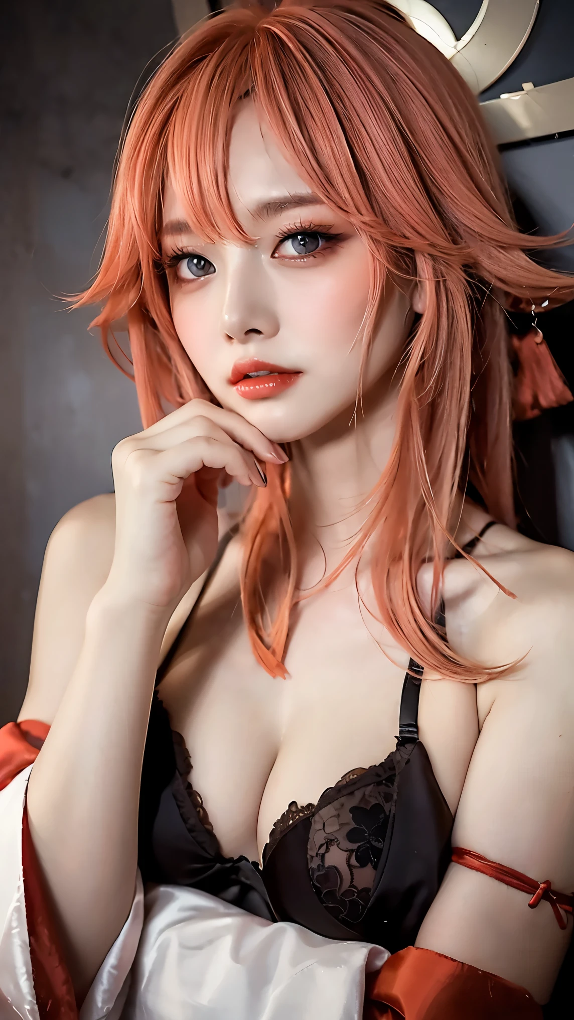 (best quality, highres),portraits,sexy woman,lingerie,Yae miko pose,alluring face,provocative attitude,seductive eyes and lips,lace details,soft lighting,subtle colors,small  