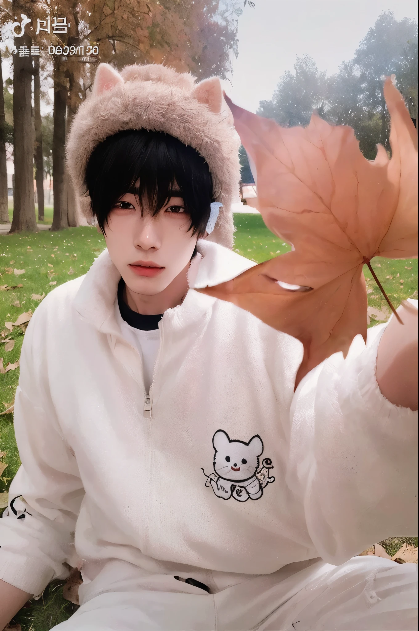 there is a young man sitting on the grass holding a leaf, 🍁 lindo, pintar ulzzang, cai xukun, ruan lindo vtuber, 🍂 lindo, ulzzang, kim doyoung, jungkook, inspirado en Kun Can, chico anime, handsome japanese demon boy, anime cosplay, como personaje de anime, Chico emo con orejas y cola de gato. Kpop boy, korean face, choi beomgyu, TXT BEOMGYU, korean male face