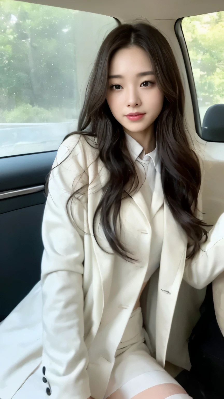 ((top-quality、8k、​masterpiece:1.3))、Beautiful woman with perfect body:1.4、slim abdomen:1.2、Longhair, normal breast, Highly detailed facial and skin texture, A detailed eye, delicate eyes, double eyelid, (smile), (full body shot), ((in the car 1.1)), (sitting in the car), ((wearing white uniform white coat)), looking in front