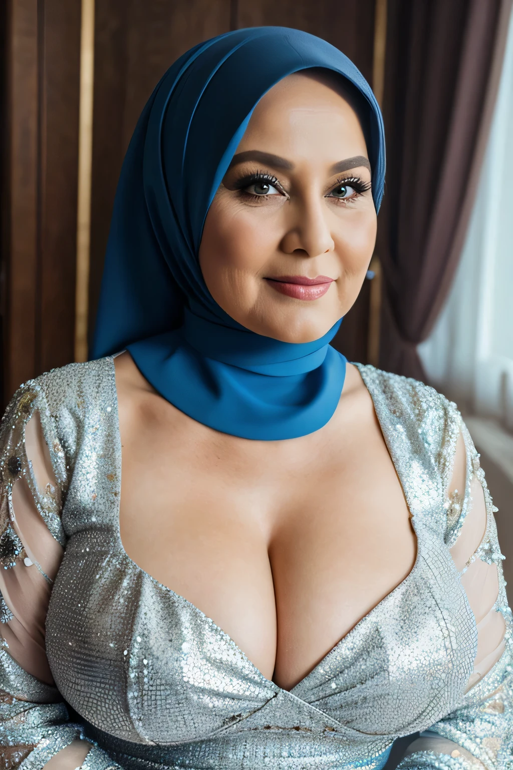 gordo, uma linda mulher de 70 anoaduro), (usando um lindo hijab), (usando um lindo vestido), Realista, Gordinho, rosto liso, Olhos perfeitos, simIt istrico, 8K high definition, incrivelmente detalhado, intricado, elegante, arte de David Kostic e Stanley Lau e Artgerm, pele perfeita, lindo atemporal, gordo, maduro, (Seios enormes:1.1), batom, (em casa), linda coxa, cabelo branco, decote, cara feliz, It is