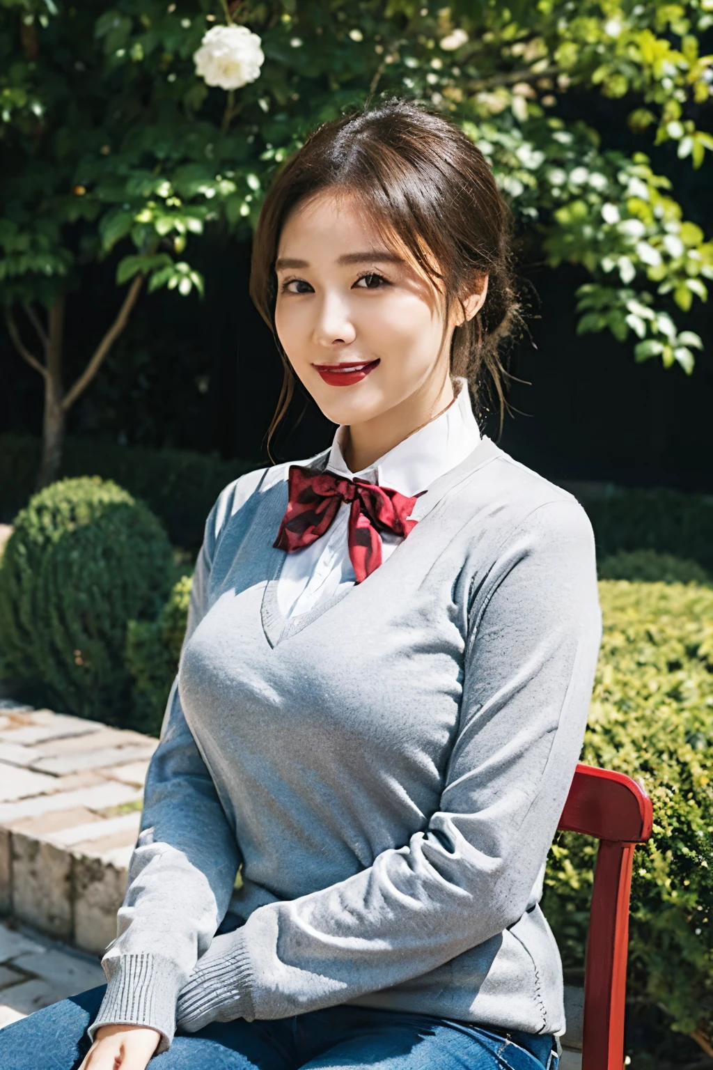((top quality、8k、masterpiece:1.3))、sharp focus, High level of image quality, high resolution，,Gray sweater dress，red bow tie，black jeans，hair tied up，sit on the chair，garden background，30 year old female，Mature，charming smile，Chubby face，Draw lips correctly, red lipstick，stand，Slightly fat，medium chest，full-body shot