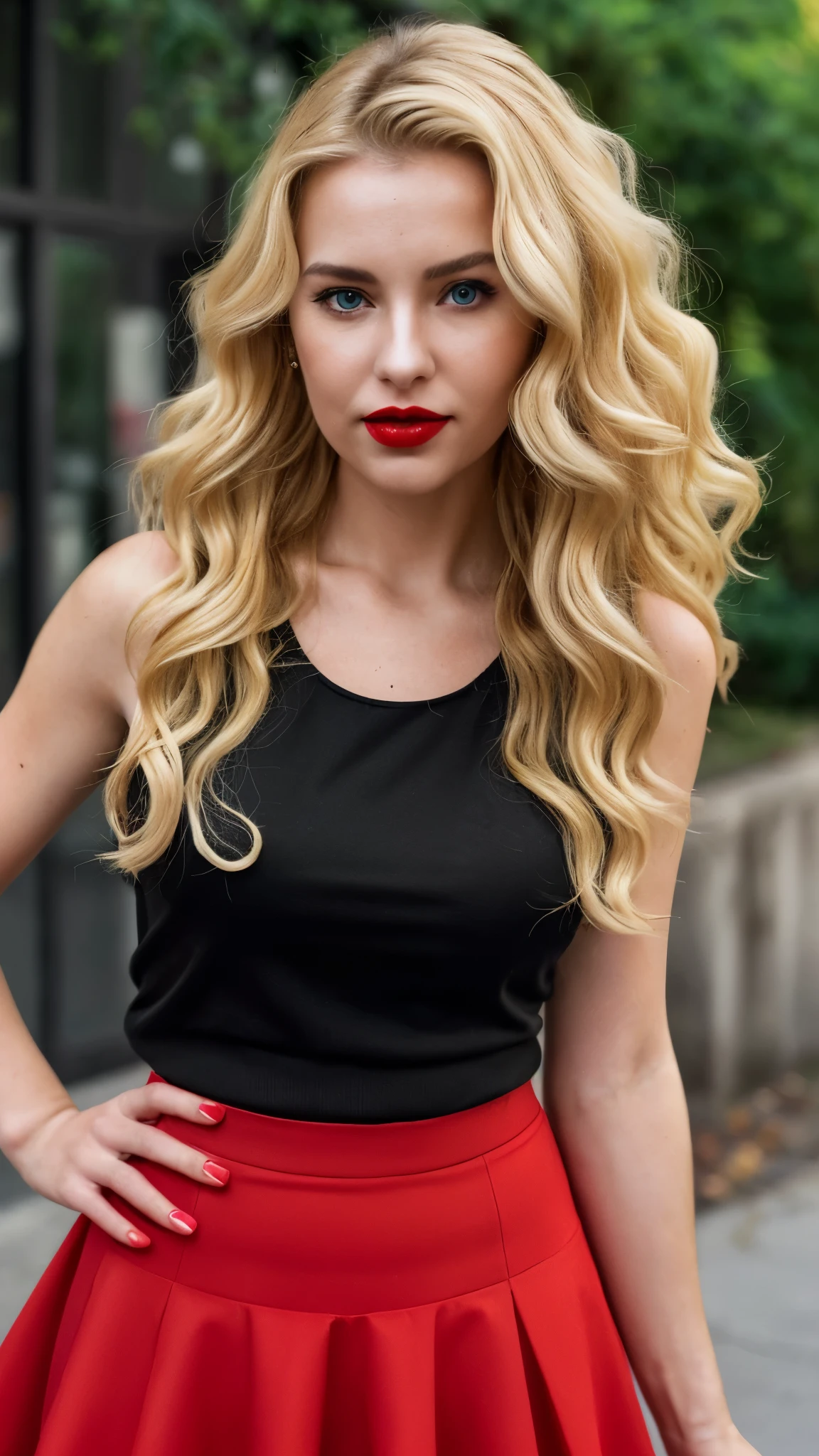 25 year old woman, wearing a red sleeveless blouse and black skirt, blonde wavy hair, red lips, perfect skin texture, ultra realistic image, doing a pose for a photo, cinematographic quality