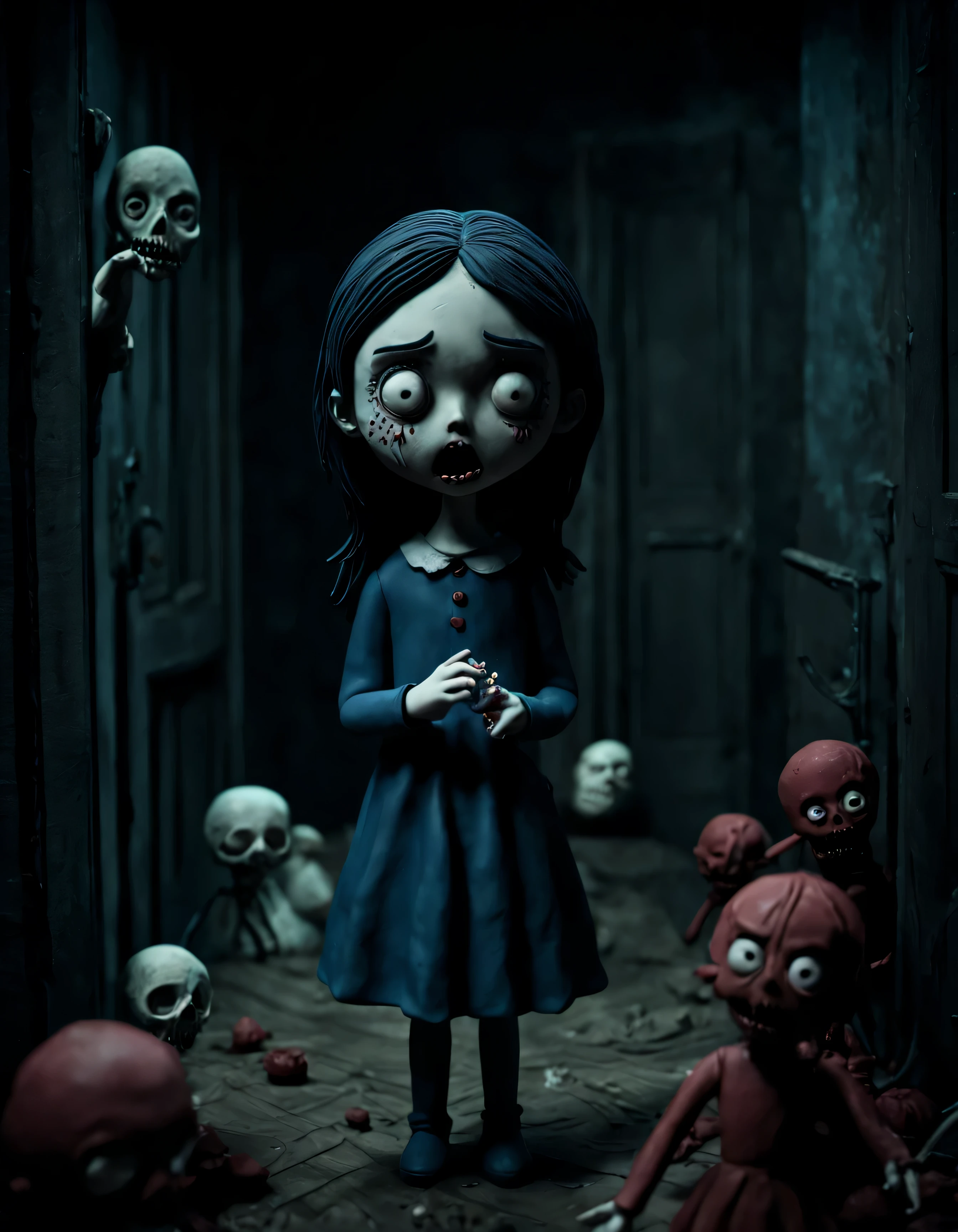 A horror girl, dark scene, horror movie, creepy, detailed, 
,Clay Animation, Clay, masterpiece, high saturation