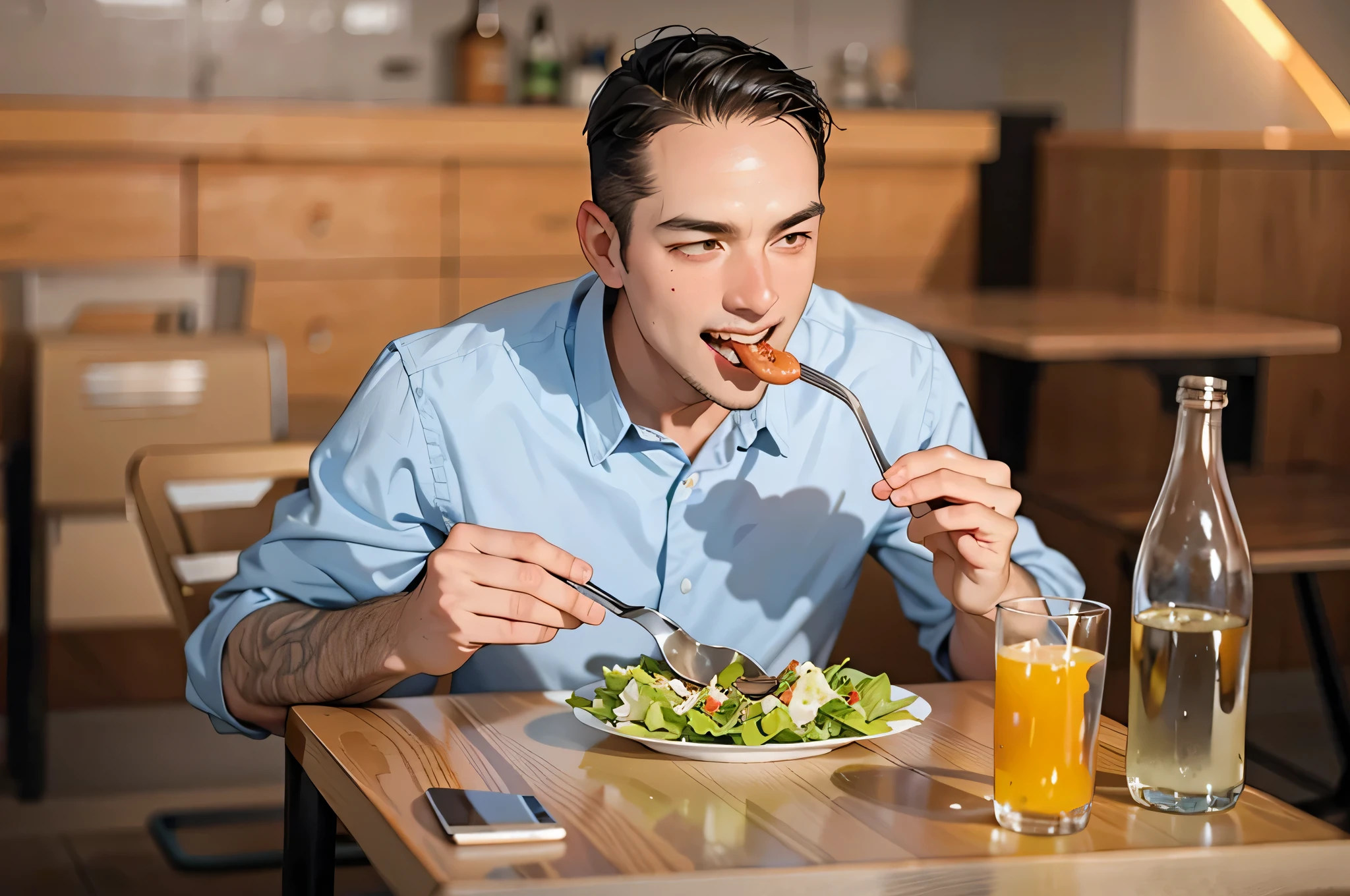 there is a man Eating a salad at a table with a bottle of water, healthy, delicious, Eating, people inside Eating meals, Male in his 30s, Eating meat, professional, A man in his 40s, people are Eating, Sitting at the table.., Use a fork, stock photos, symbol, Warm and fun atmosphere, eclectic art, attractive man, salad