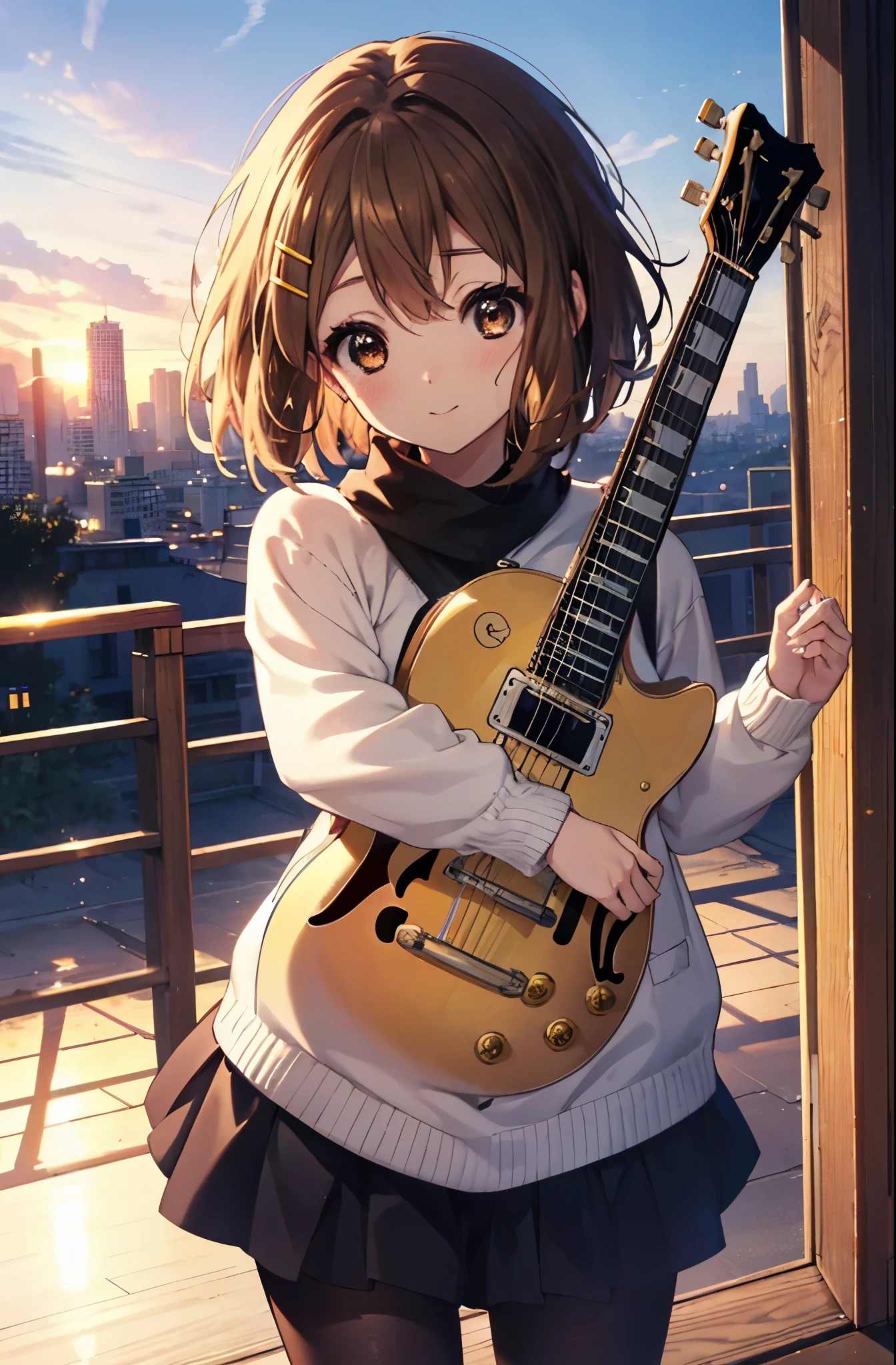 yuihirasawa, yui hirasawa, short hair, brown hair, hair ornaments, (brown eyes:1.5),blush,smile,white oversized sweater, black pleated skirt,White pantyhose,short boots,hair clip,guitar(Gibson Les Paul)Flip、smile、Overlooking the city from the top of the hill、the sunset is beautiful、風が強い
break otdoors, ,
break looking at viewer, (cowboy shot:1.5),
break (masterpiece:1.2), highest quality, High resolution, unity 8k wallpaper, (figure:0.8), (detailed and beautiful eyes:1.6), highly detailed face, perfect lighting, Very detailed CG, (perfect hands, perfect anatomy),