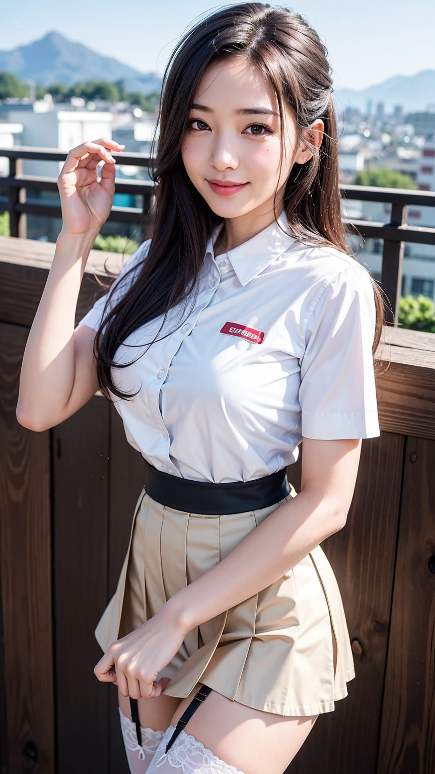 ((Best quality, 8k, Masterpiece :1.3)),
Japanese hot milf, 
Ultra-detailed face, Detailed eyes, Double eyelid,
smiling, a coquettish look,
long hair,
wearing a Japanese high school uniform, skirt and garter belt, 
rooftop, mountain view,