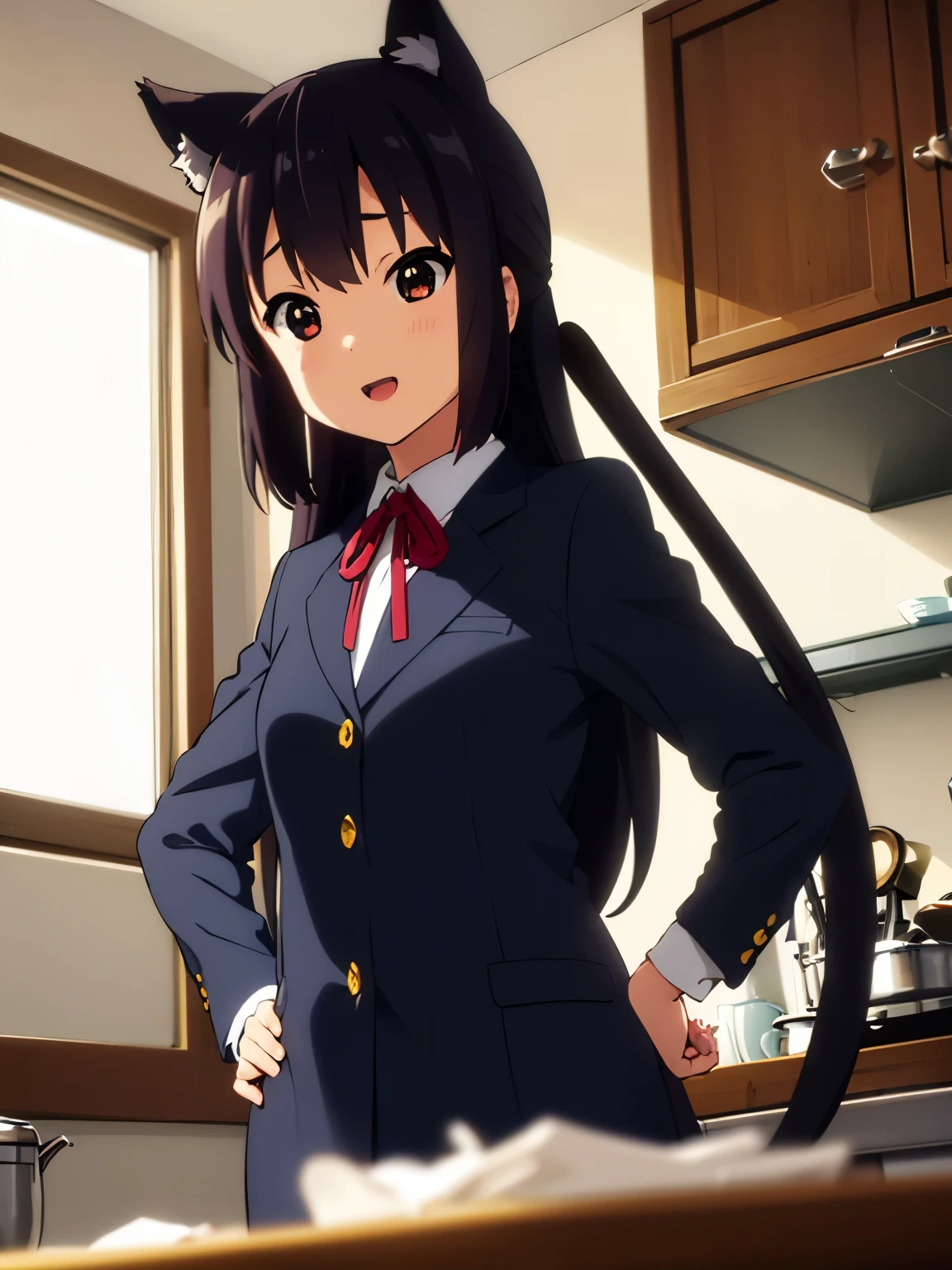 (best quality, masterpiece:1.2), 1girl, (((masterpiece))), top-quality, top-quality, High Details, nakano azusa, 1girl, Cafe waiter uniform, black cat ear, (((black cat ear))), Twin-tailed, length hair, A dark-haired, brown-eyed, solo, reddish, thin red ribbon, Solid white buttoned shirt under blazer, sitting in front of a Toyota Supra, illustratio, comic strip, soothing tones, Subdued Color, Soft cinematic light, adobe lightroom, photolab, HDR, intricately and hyper-detailed、(((depth of fieldasterpiece)))。(((top-quality))).)((ultra-detailliert)))。(((illustratio)))。(((takeout))).dynamic focus.big breasts.(((kitchen))).(((A home))).(((Face of Smile))). open mouth.(((put hands on the hip))).(((up chest))).((morning glow)).((the setting sun)), solo, anime, anime screencap, ray tracing, global illumination, ultra resolution image, vivid color, cinematic light, lens flare, light on face, glow eyes, depth of field, happy, detailed background, cute, straight-on, dive dress, navel,