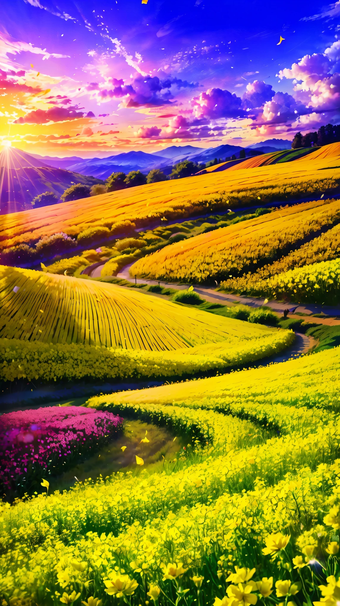 (8k, RAW photo, highest quality, masterpiece:1.2), high definition poster art design,rape blossom field, one yellow wave, romantic, magic hour, fantastic flower garden, lighted up petals, Contrast between sky and flower field, 詩的でromantic, Emphasis on individuality and uniqueness,poster design
