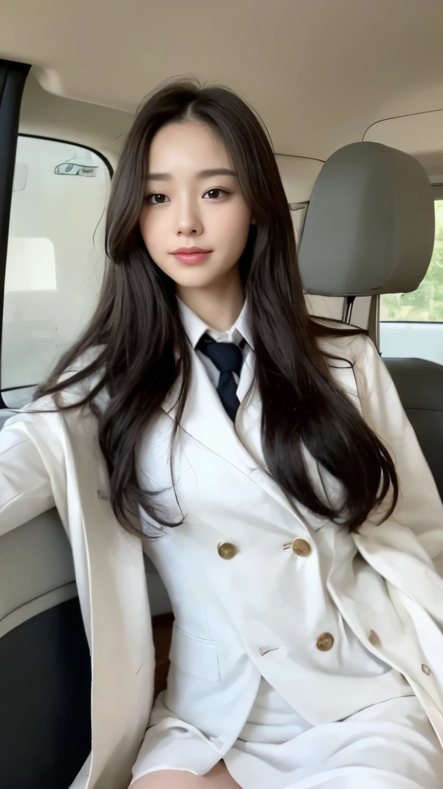 ((top-quality、8k、masterpiece:1.3))、Beautiful woman with perfect body:1.4、slim abdomen:1.2、Longhair, normal breast, Highly detailed facial and skin texture, A detailed eye, delicate eyes, double eyelid, (smile), (full body shot), ((in the car 1.1)), (sitting in the car), ((wearing white uniform 1.1), looking in front