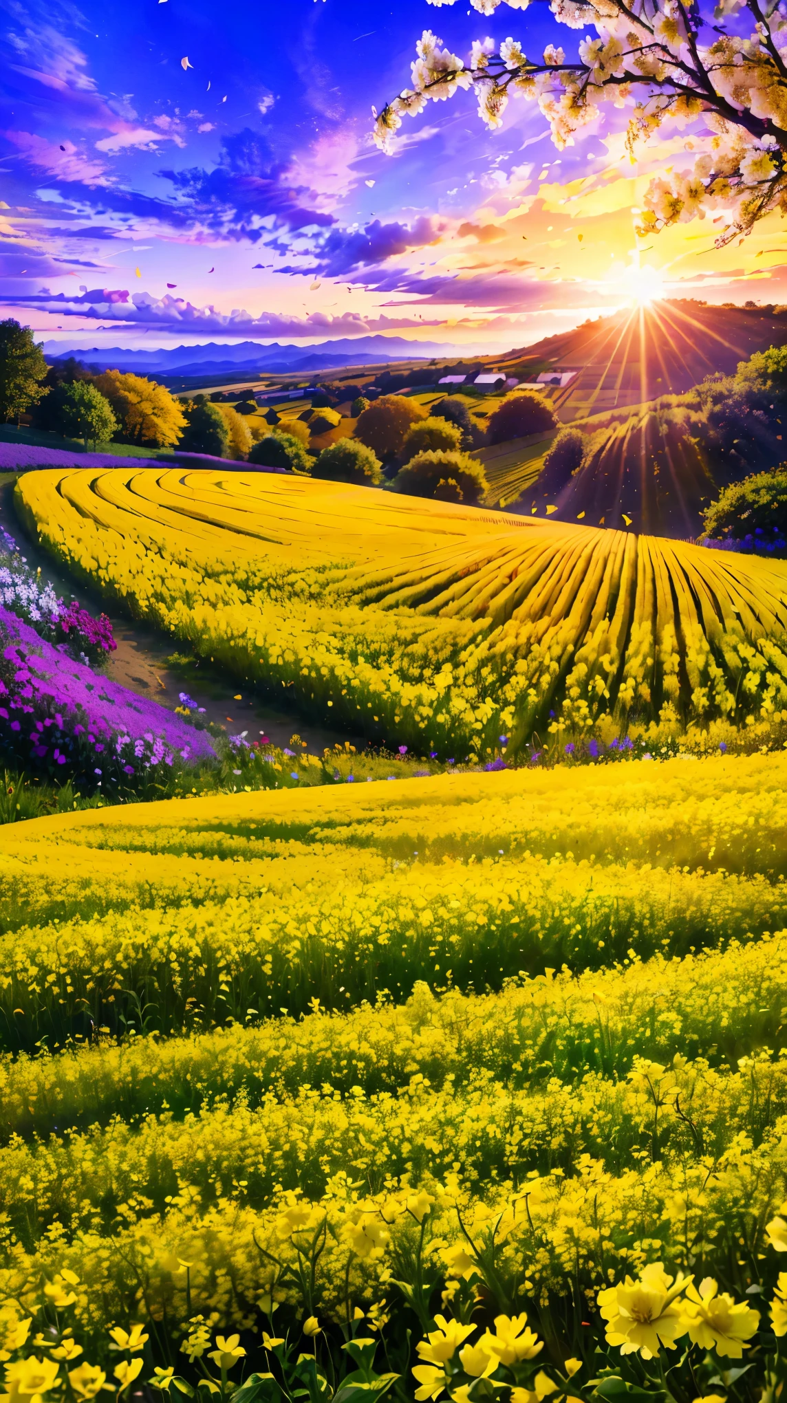 (8k, RAW photo, highest quality, masterpiece:1.2), high definition poster art design,rape blossom field, one yellow wave, romantic, magic hour, fantastic flower garden, lighted up petals, Contrast between sky and flower field, 詩的でromantic, Emphasis on individuality and uniqueness,poster design