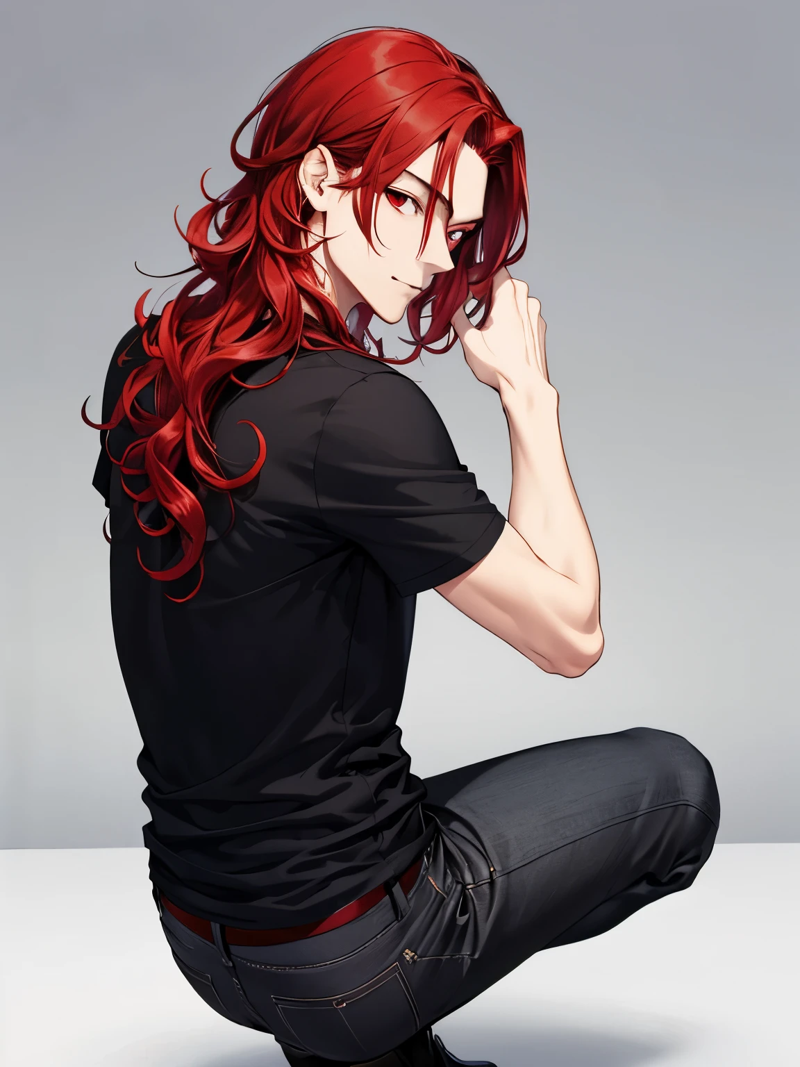 1boy, cool style,Black t-shirt,Facing back,Squat backwards, photo from behind,handsome,Shoulder length hair,curly hair, red hair,black trousers, black shirt, red eyes, vampire