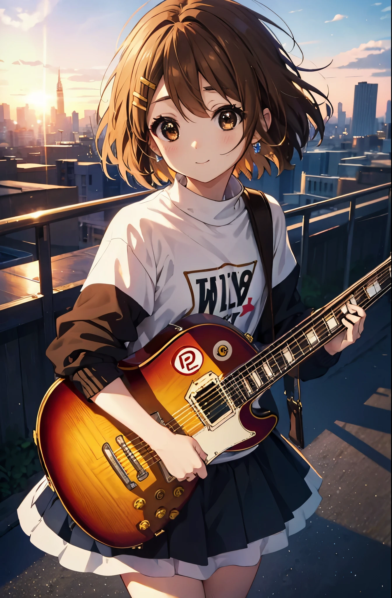 yuihirasawa, yui hirasawa, short hair, brown hair, hair ornaments, (brown eyes:1.5),blush,smile,white oversized sweater, black pleated skirt,White pantyhose,short boots,hair clip,guitar(Gibson　Les Paul)Flip、smile、Overlooking the city from the top of the hill、the sunset is beautiful、風が強い
break otdoors, ,
break looking at viewer, (cowboy shot:1.5),
break (masterpiece:1.2), highest quality, High resolution, unity 8k wallpaper, (figure:0.8), (detailed and beautiful eyes:1.6), highly detailed face, perfect lighting, Very detailed CG, (perfect hands, perfect anatomy),