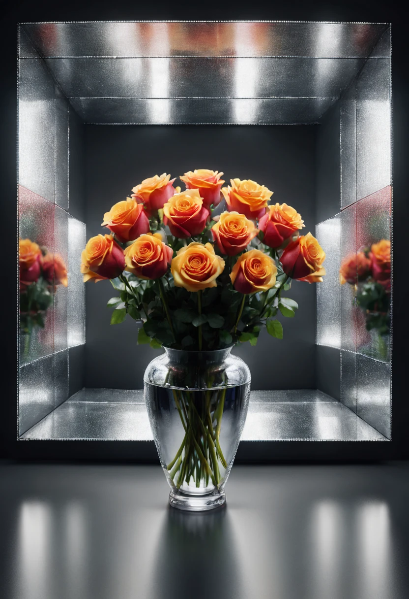 Reflective Art .Inside the cube with mirrored walls there is a vase with Five roses. Flowers are reflected in all the mirrors. The focus of the shooting is on reflections. octane rendering. High Resolution, High Quality, Masterpiece