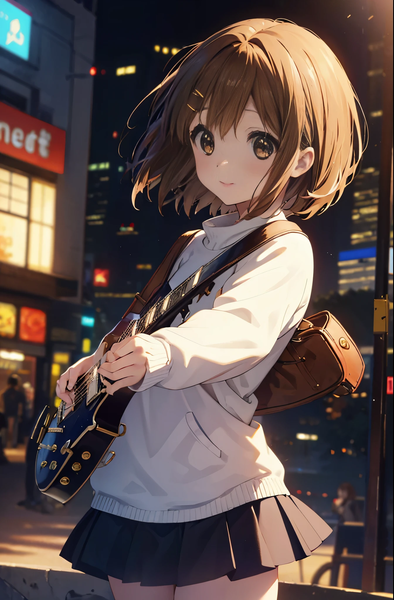 yuihirasawa, yui hirasawa, short hair, brown hair, hair ornaments, (brown eyes:1.5),blush,smile,white oversized sweater, black pleated skirt,White pantyhose,short boots,hair clip,guitar(Gibson　Les Paul)Flip、smile、Overlooking the city from the top of the hill、the sunset is beautiful、風が強い
break otdoors, ,
break looking at viewer, (cowboy shot:1.5),
break (masterpiece:1.2), highest quality, High resolution, unity 8k wallpaper, (figure:0.8), (detailed and beautiful eyes:1.6), highly detailed face, perfect lighting, Very detailed CG, (perfect hands, perfect anatomy),