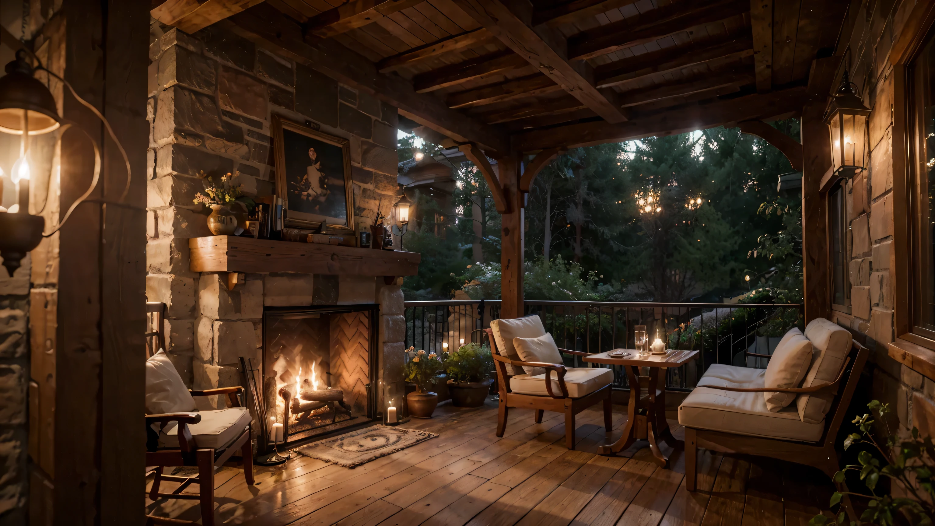 (balcony) outside coffee shop, dawn, fireplace, a view of spring, waterfalls outside, cozy place, books place, warm beautiful scene, cozy atmospheric, cozy environment, cozy setting, cozy enchanted scene, very realistic, cozy atmosphere, cozy and peaceful atmosphere, cozy and calm, beautiful detailed scene, spring time, very very realistic, ✨🕌🌙, cozy wallpaper, unreal engine ; romantic theme