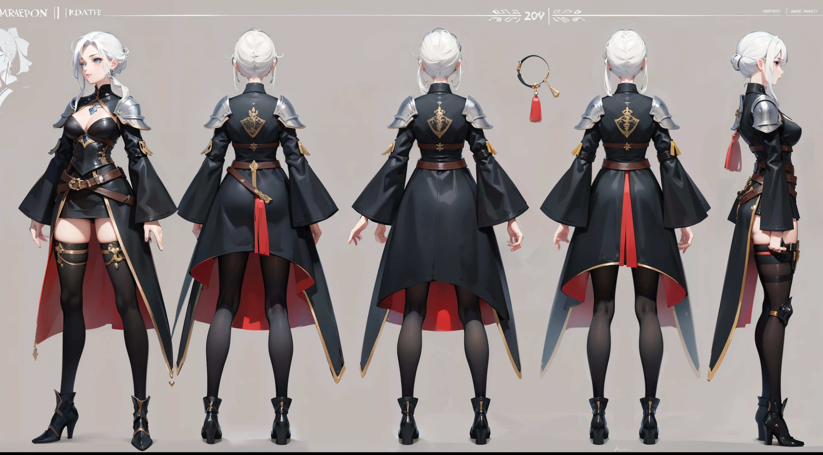 1 female,Profession:swordsman, 30 years old,( Dungeons & Warriors characters),Wearing black tights,complete body, character design sheet,white hair, luxury,Lots of accessories,With a sword,leather armor,3 angle view, Front view, side view, Rear view