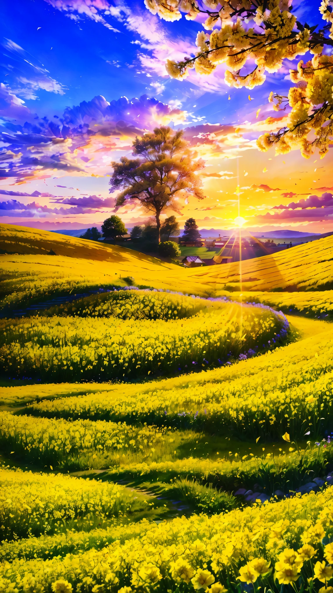 (8k, RAW photo, highest quality, masterpiece:1.2), high definition poster art design, blossom field, one yellow wave, romantic, magic hour, fantastic flower garden, lighted up petals, Contrast between sky and flower field, 詩的でromantic, Emphasis on individuality and uniqueness,poster design