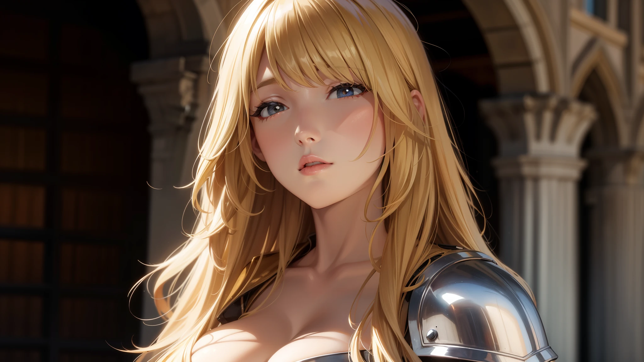 wallpaper of elegant medieval knight woman, wavy long hair, [[[brown hair]]], (blonde hair), bangs hair, windy hair, leather armor, cleavage, high detailed brown eyes