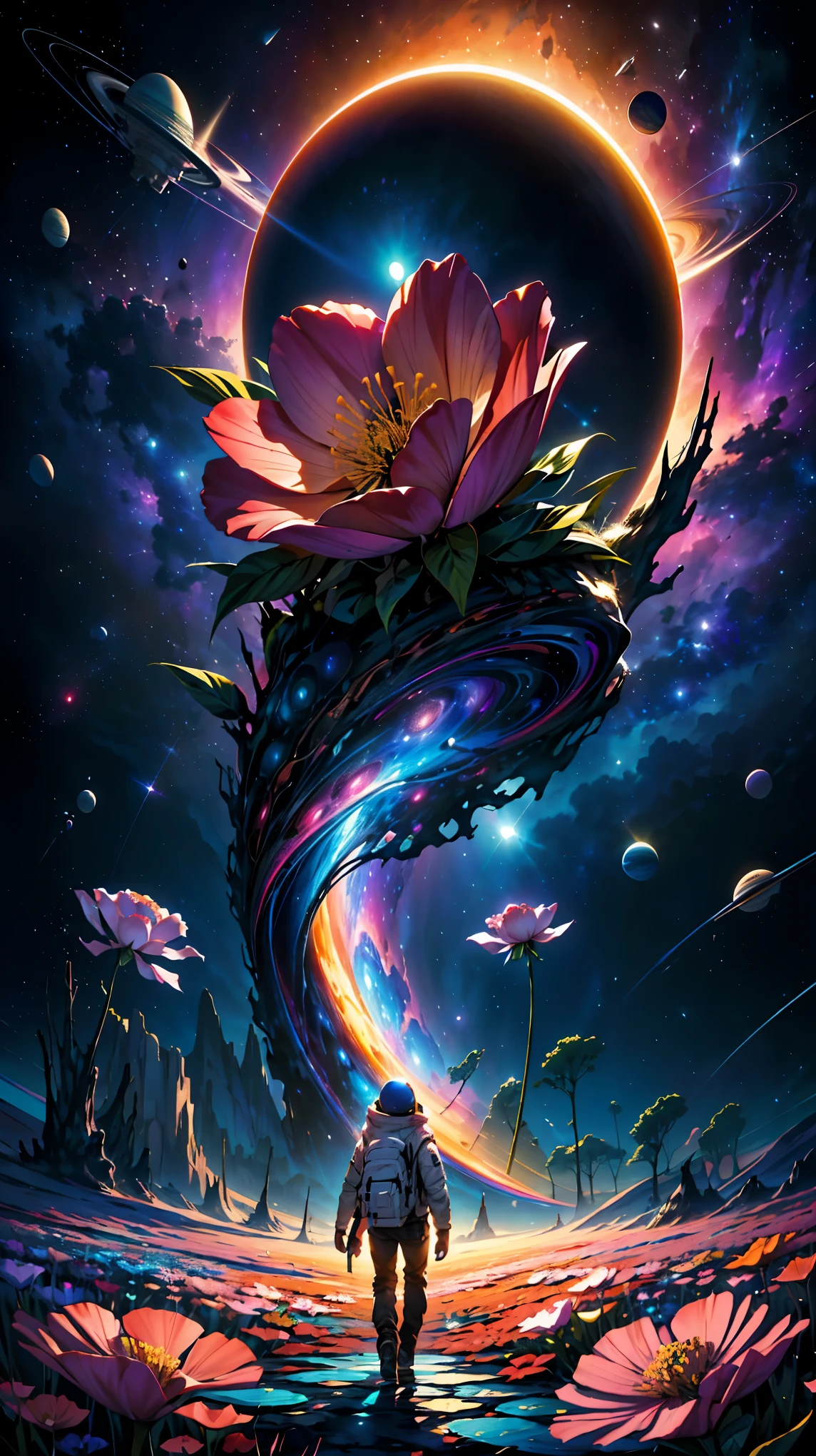 (8k, RAW photo, highest quality, masterpiece:1.2), high definition poster art design, psychedelic illustration, ((outer spaceに広がる幻想的花畑, Colorful flowers and falling petals, background planet,)), Background Space Graphic Art, Space Illustration, outer space, space poster art, distorted space scene, Spiritual world, exciting and seductive, poetic and romantic, Emphasis on individuality and uniqueness, Space style, psychedelic space horror, outer space, Plant growing, Psychotic universe,poster design