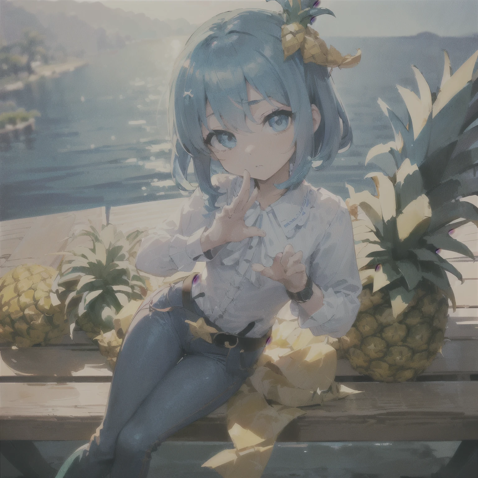 Lens flare, (Bright gradient :1.5) 、(healing illusion),((very detailed目:1.5)),((chibi whole body、inner thigh、tilt your head、adorable gesture:1.5)),(((masterpiece、highest quality)))、(beautiful beautiful:1.2)、(colorful)、((Super detailed retina:1.5))、((super detail eyes:1.5))、(light blue hair,Short chignon hair:1.5)、(best lighting、best shadow、very delicate and beautiful:1.5)、(very detailed)、(perfect body:1.5)、(face up:1.3),((watch、blouse、hair ornaments、belt、skinny pants:1.5))、(pineapple motif:1.5)、 (figure:1.3),  (cinematic charm:1.5), (cinematic lakeside scene:1.5)、((open deck、sit、Spread your lunch on the bench))