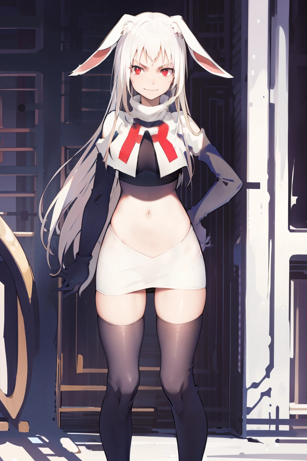 best quality, masterpiece, detailed, fantasy, 
tyuule,
closed mouth, smirk,
white hair, very long hair, rabbit ears, red eyes, rabbit tail,
navel, team rocket,team rocket uniform, red letter R, white skirt,white crop top,black thigh-highs,black elbow gloves
 looking at the viewer,