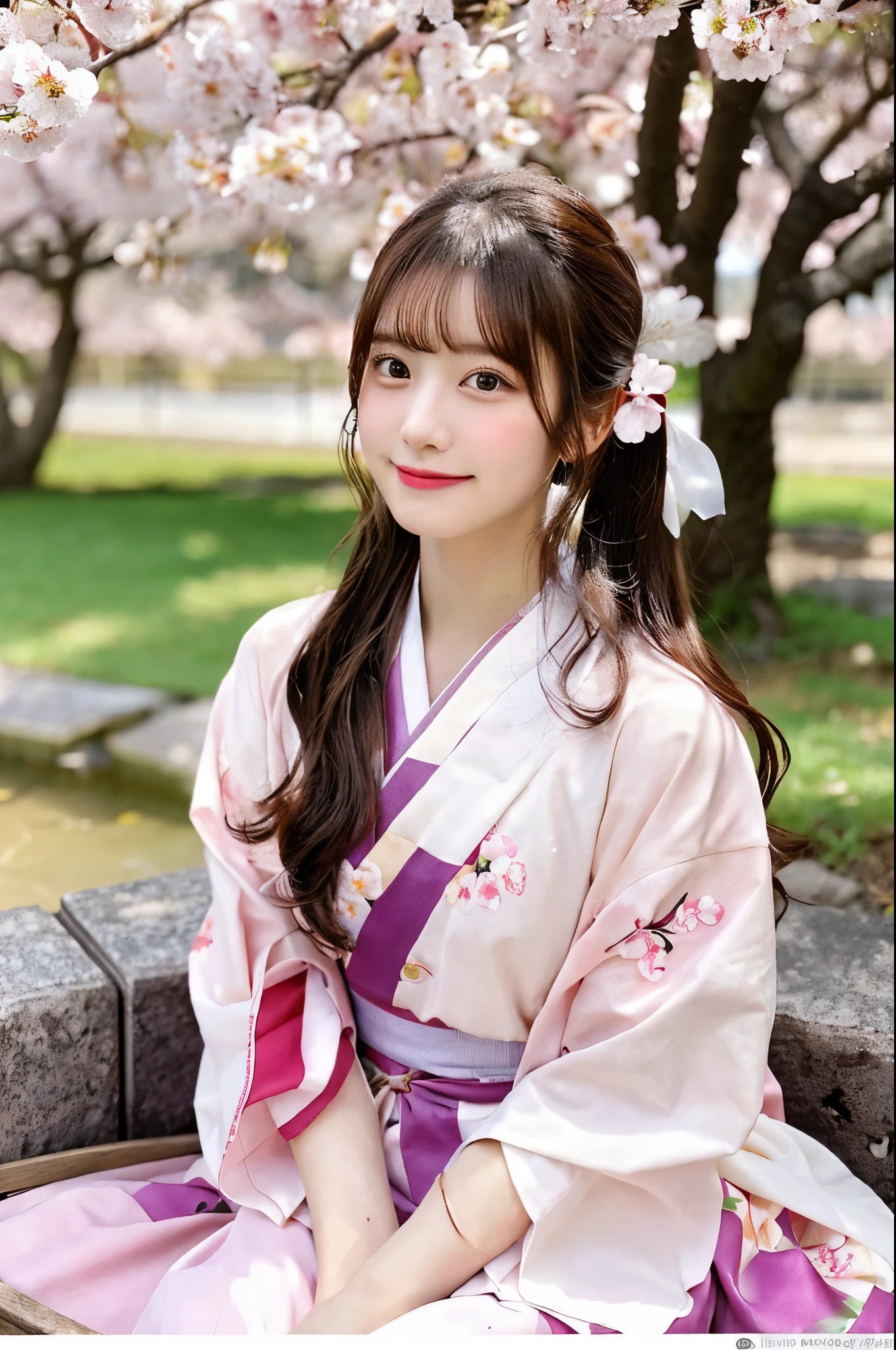 A pleasant spring day under the cherry blossom trees、A beautiful girl is relaxing while soaking in a footbath。her face is、Filled with peace and contentment、Her face looks calm and happy。The beautiful girl's kimono is pink with a cherry blossom pattern.、Perfect for the spring atmosphere。Her long hair flutters in the gentle spring breeze、It is in harmony with Japanese clothes.。She spends time quietly in the beauty of nature、I have a cup of tea in my hand。The surrounding cherry blossoms are in full bloom、The footbath is made of natural stone.、That warmth is reflected in her relaxed expression.。The beautiful girl's face is the center of this peaceful moment.、Her beauty blends perfectly with the nature around her.