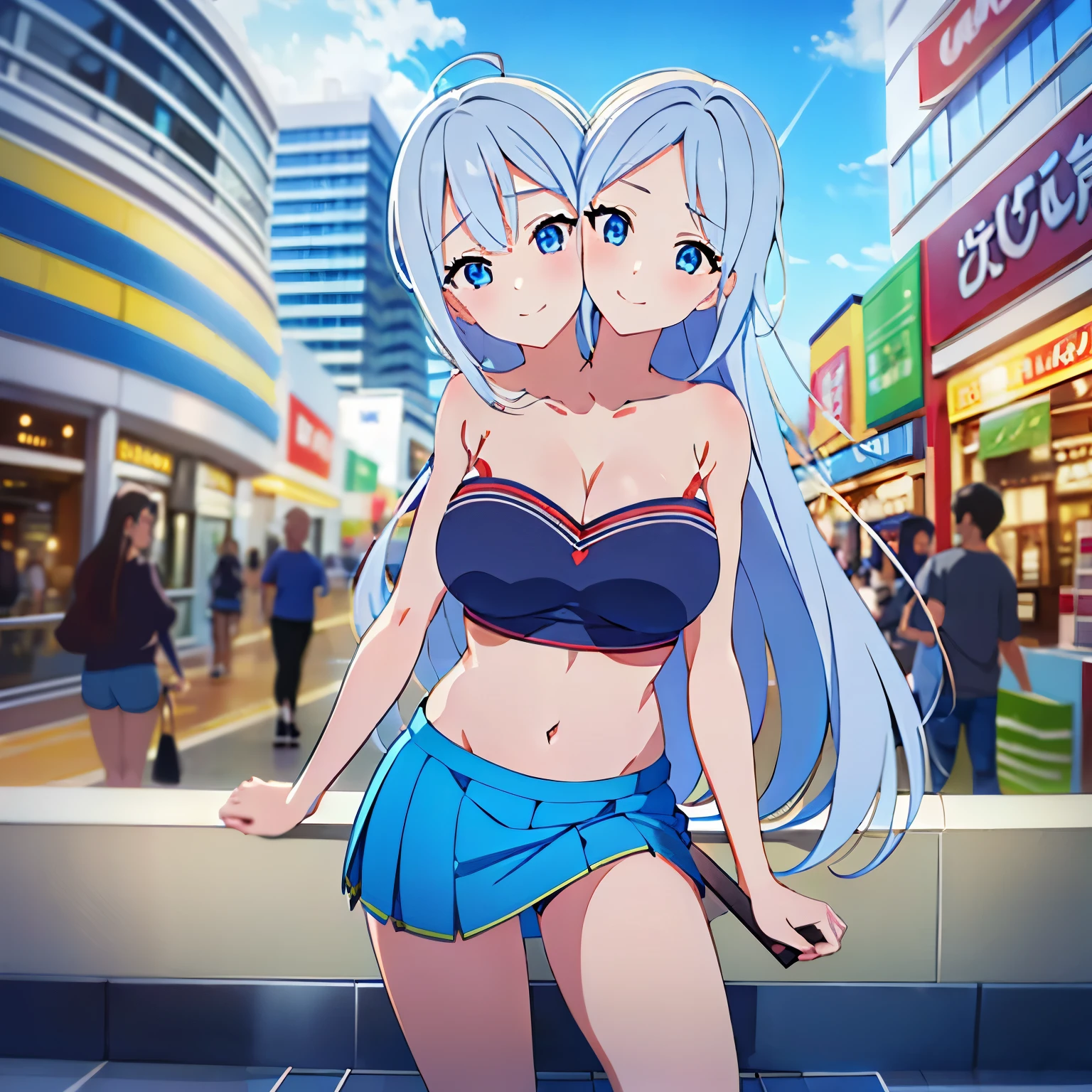 (masterpiece),(ultra-detailed), (high quality), (high resolution), (best quality:1.5, highres, UHD), highres, absurdo, ultra detail, ultra quality, Ultra resolution, 16k, ((2heads:1.5)), 1girl, anime girl with two heads, silver gray hair, ((blue t shirt)), casual wear, city background, smiling, shopping mall, teenage girl, vibrant lighting, blue skirt, (red sports bra), glowing blue eyes