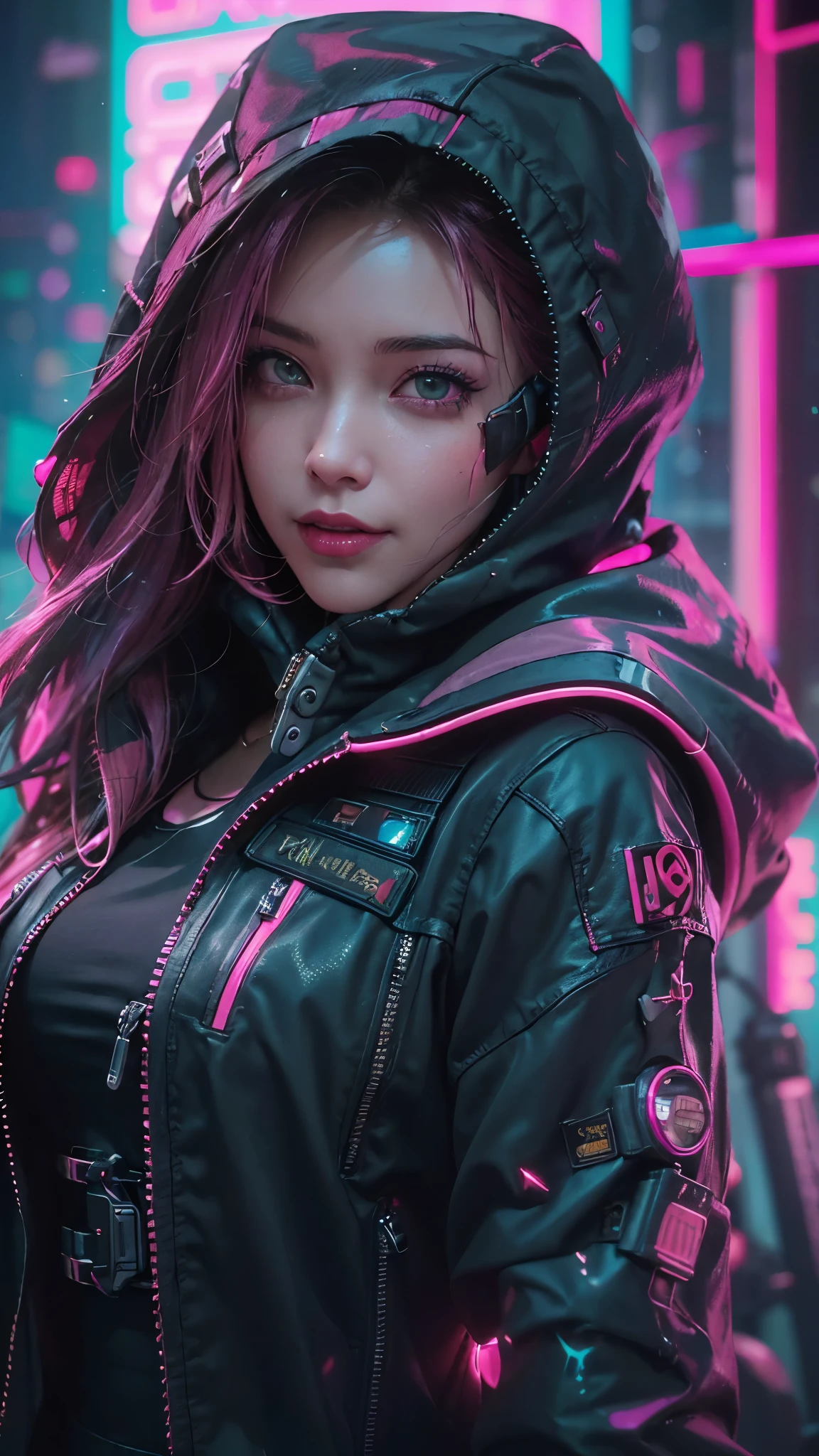 (Top image quality), (8K picture quality),(master piece), (very detailed image textures), (cyber punk perssonage),(beautiful effects), (vibrant colors), (detailed face),(detailed hair), (detailed eyes), (cyberpunk cityscape:1.4), (cyberpunk city landscape:1.5),vivid colors, cinematic lights, cinema shadows, sharp image, bright sprites, (pink neon lights:1.5),flashing red, lightparticle effects, 1 female, 28 years old, (beautiful:1.4), brunette hair,(dark hair:1.3+pink hair:1.2), (cyberpunk style, shiny cyberpunk hood on military uniform:1.5), (confident smile:1.2), (photo from bottom up),