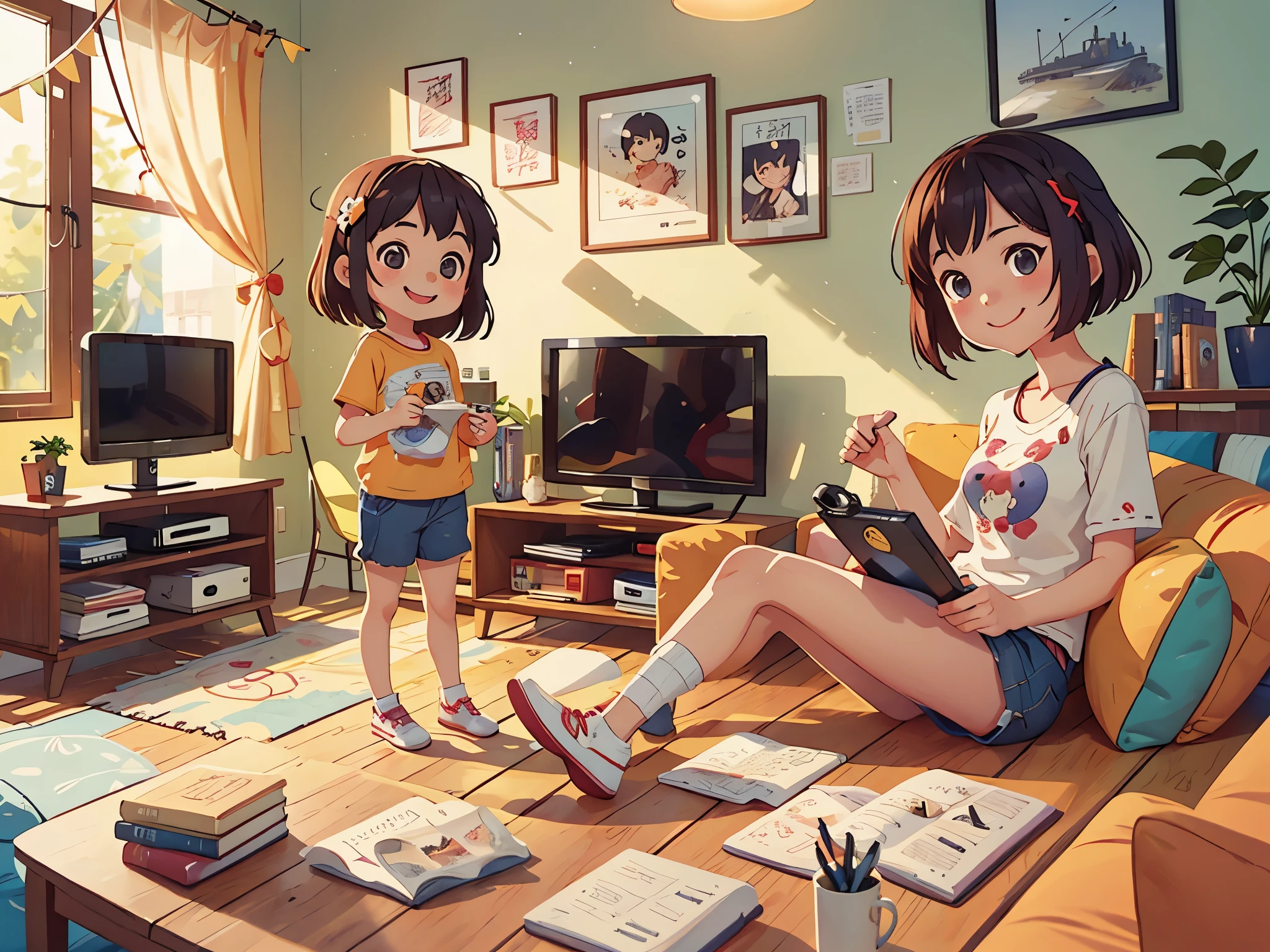 可爱的小女孩在看television,Mom stood by,living room,television,sofa,remote control,Smile,Pixar style, best quality, stills,