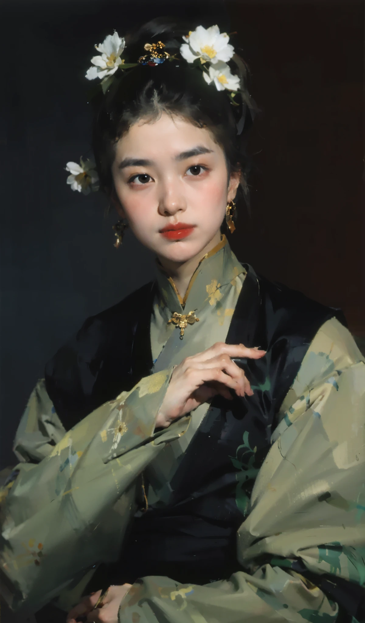 best quality，masterpiece，（painting：1.5），Pan head，hair tied up，Japanese women&#39;s hairstyle，Exquisite facial features，delicate and thin eyebrows，eyebrows are very thin，Small mouth，Little mouth，small lips，Headgear，Pan head，hair tied up，Japanese women&#39;s hairstyle，asian woman，Ancient Chinese woman，（Amy Sole：0.248），（Stanley Ategg Liu：0.106），（a detailed painting：0.353），（文艺复兴古典painting风格：0.8）