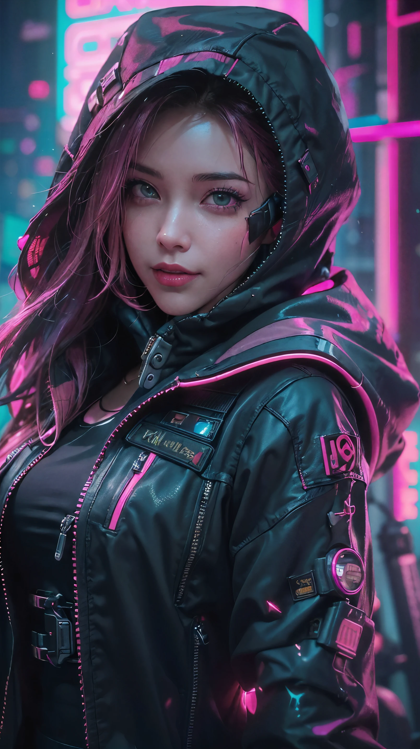 (Top image quality), (8K picture quality),(master piece), (very detailed image textures), (cyber punk perssonage),(beautiful effects), (vibrant colors), (detailed face),(detailed hair), (detailed eyes), (cyberpunk cityscape:1.4), (cyberpunk city landscape:1.5),vivid colors, cinematic lights, cinema shadows, sharp image, bright sprites, (pink neon lights:1.5),flashing red, lightparticle effects, 1 female, 28 years old, (beautiful:1.4), brunette hair,(dark hair:1.3+pink hair:1.2), (cyberpunk style, shiny cyberpunk hood on military uniform:1.5), (confident smile:1.2), (photo from bottom up),