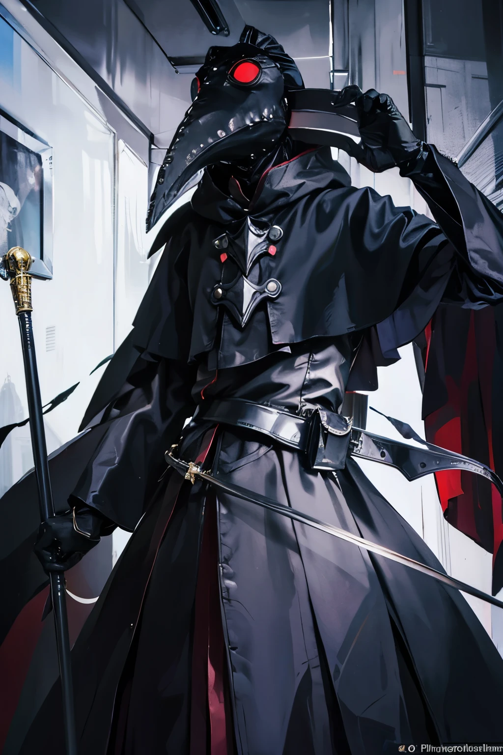 full body of male character, torn apart full wizard robe that cover his intire body, noble suit, iron plaque doctor mask, torn apart black hood cover his head, Plaguecore, outfit, glowing eyes, imposing figure, manly